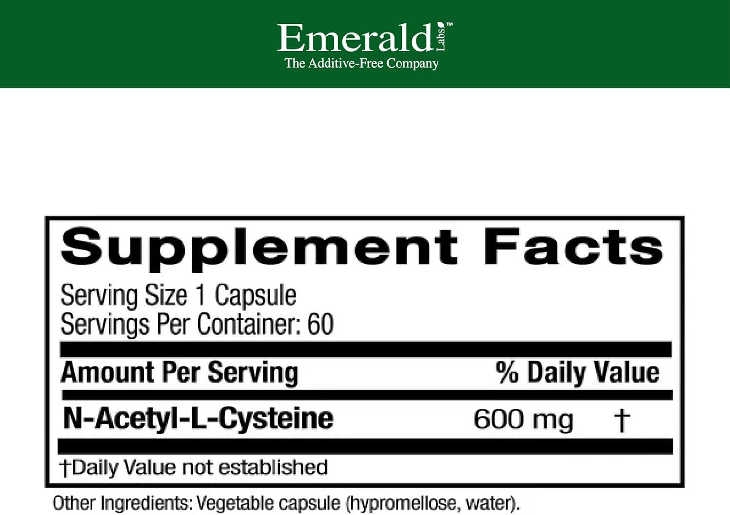 EMERALD LABS NAC 600mg - N-Acetyl-L-Cysteine - Vegan Amino Acid Supplement That Supports Detoxification - 60 Vegetable Capsules (60-Day Supply)