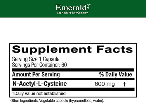 Miniatura 2 de EMERALD LABS NAC 600mg - N-acetil-L-cisteína - Suplemento vegano de aminoácidos que apoya la desintoxicación - 60 cápsulas vegetales (suministro