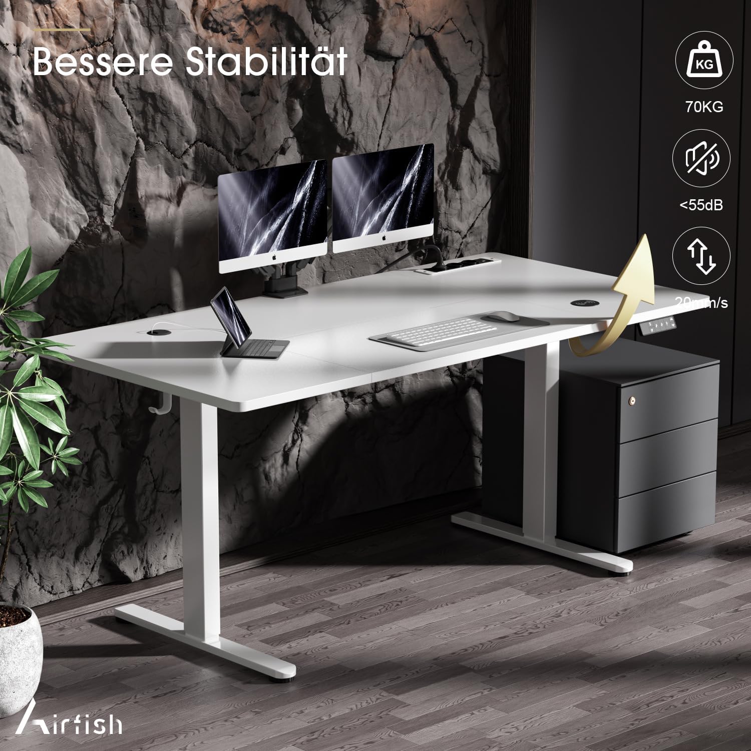 Airfish Höhenverstellbarer Schreibtisch 160x80cm mit Kabelloser Ladestation | Computertisch Elektrisch Stehtisch mit Steckdose & 3-Funktions-Memory und Funktion zur Ermüdungs-Erinnerung, Weiß