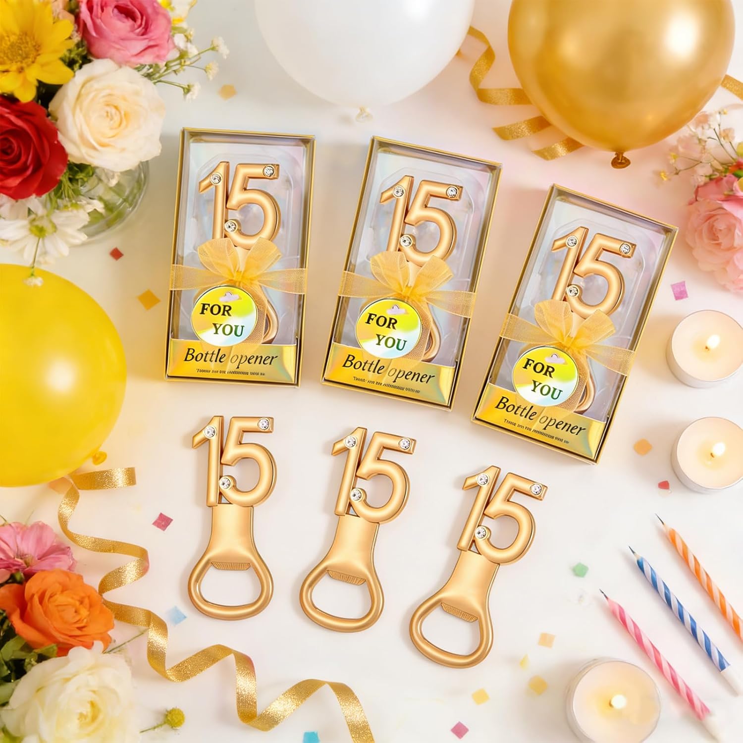 24Pcs Golden 15 Bottle Openers for 15th Birthday Party Favors Rhinestones Decorations for Wedding Anniversary Gifst Souvenrs or Keepsaks for Guests