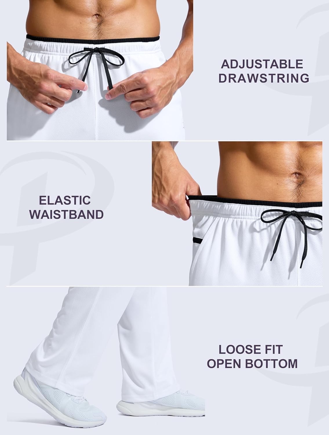 Pudolla Men's Sweatpants Wide Leg Quick Dry Pants with Zipper Pockets Sweatpants for Men Big and Tall(White Black S) - Image 6