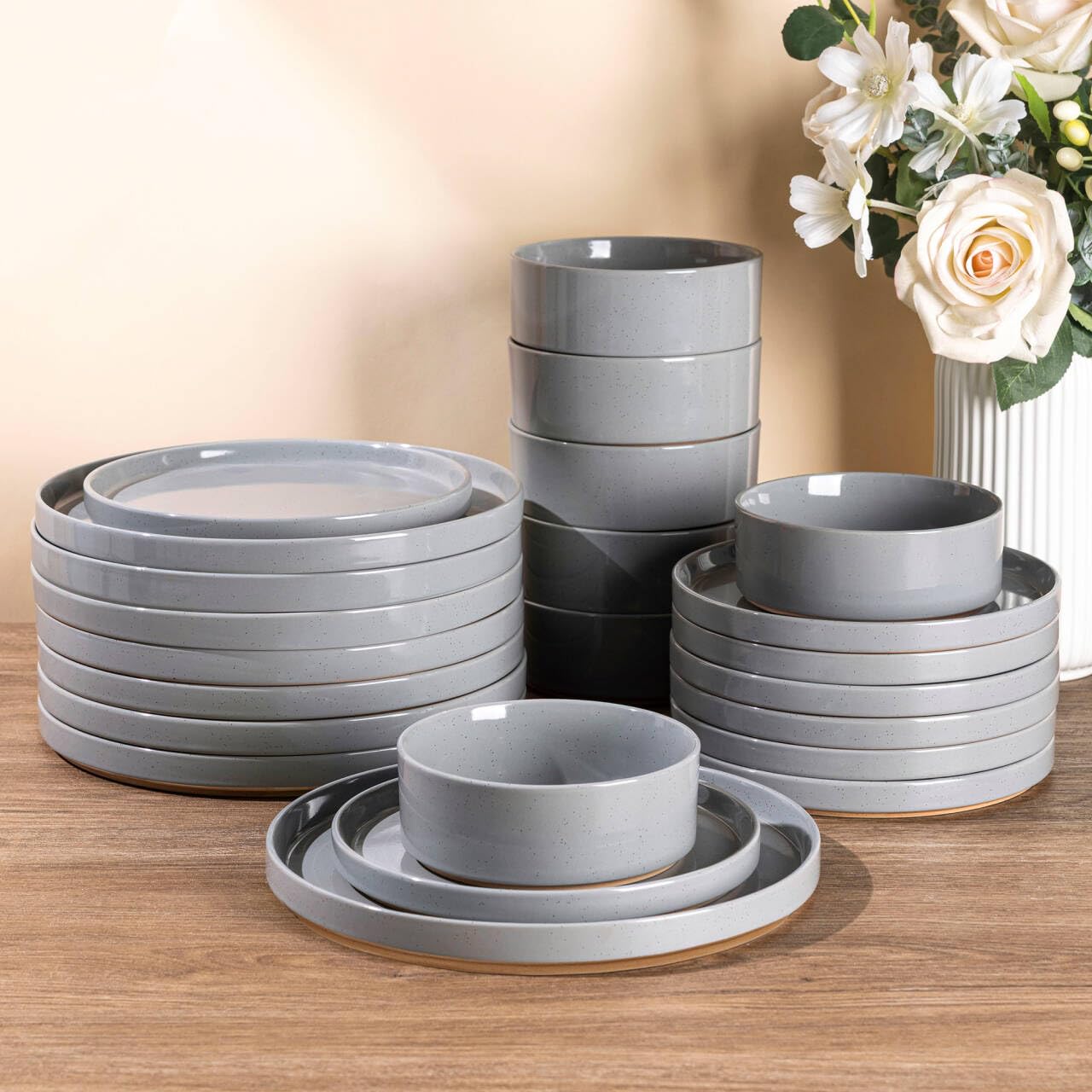 Photo 1 of AmorArc Ceramic Dinnerware Set for 8 | Speckled Stoneware Plates and Bowls with Rustic Terracotta Underside| Scratch Resistant,Dishwasher & Microwave Safe Dishes Sets- 24pcs Gray``