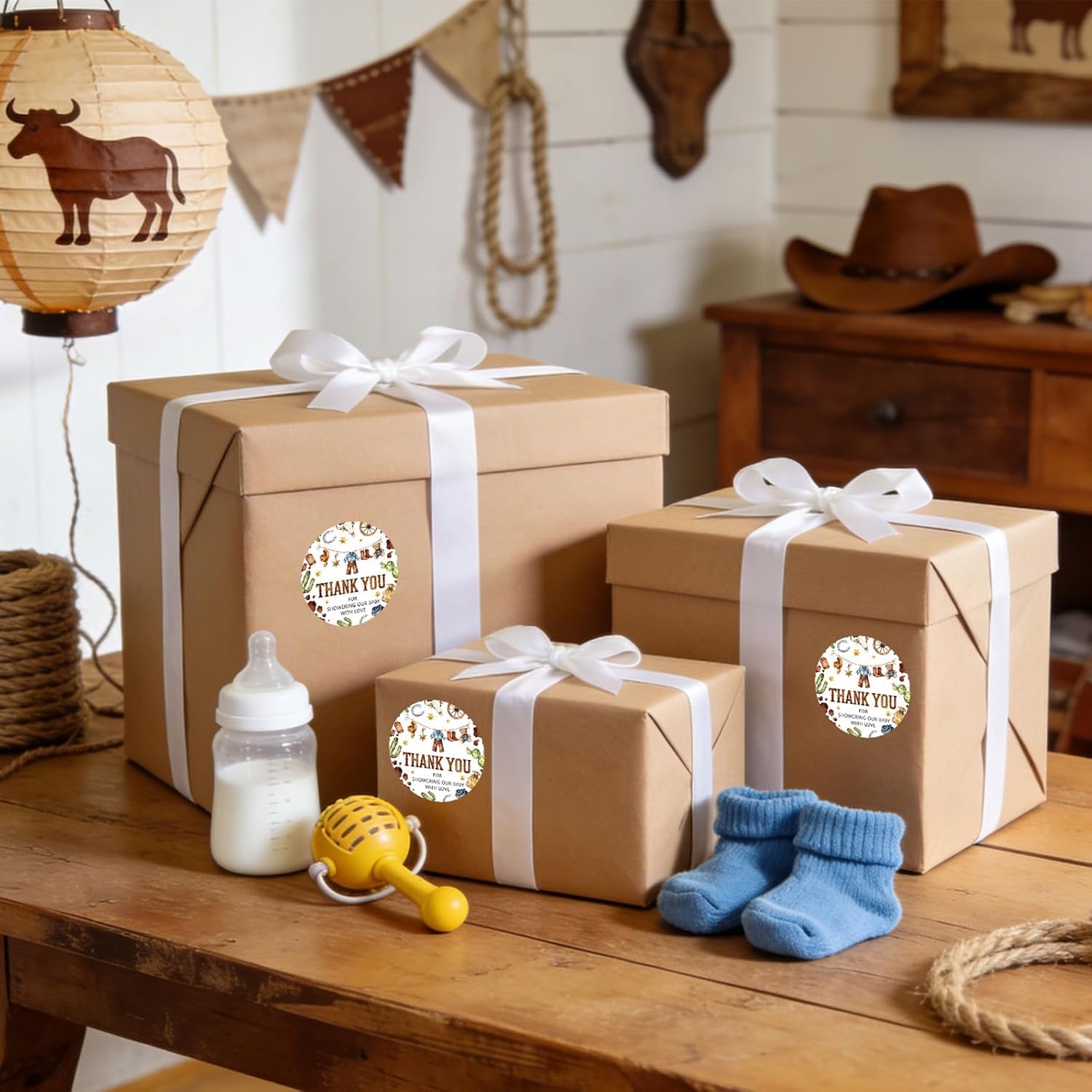 Whaline 100Pcs Cute Cowboy Baby Shower Thank You Stickers 2 Inch Western Cowboy Theme Clothes Round Adhesive Label Decals for First Rodeo 1st Birthday Rodeo Party Decorations - Image 3