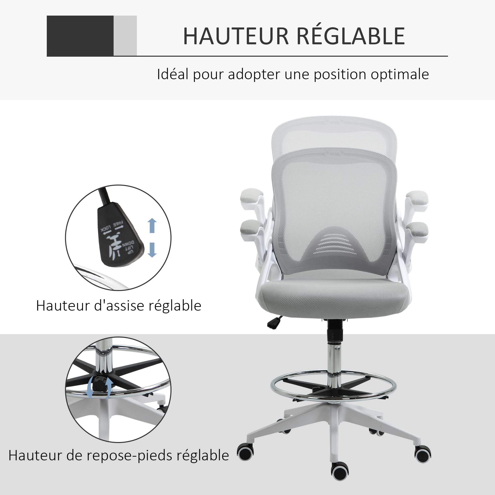 Vinsetto Chaise Bureau Ergonomique avec Repose-Pieds Accoudoirs Blanc