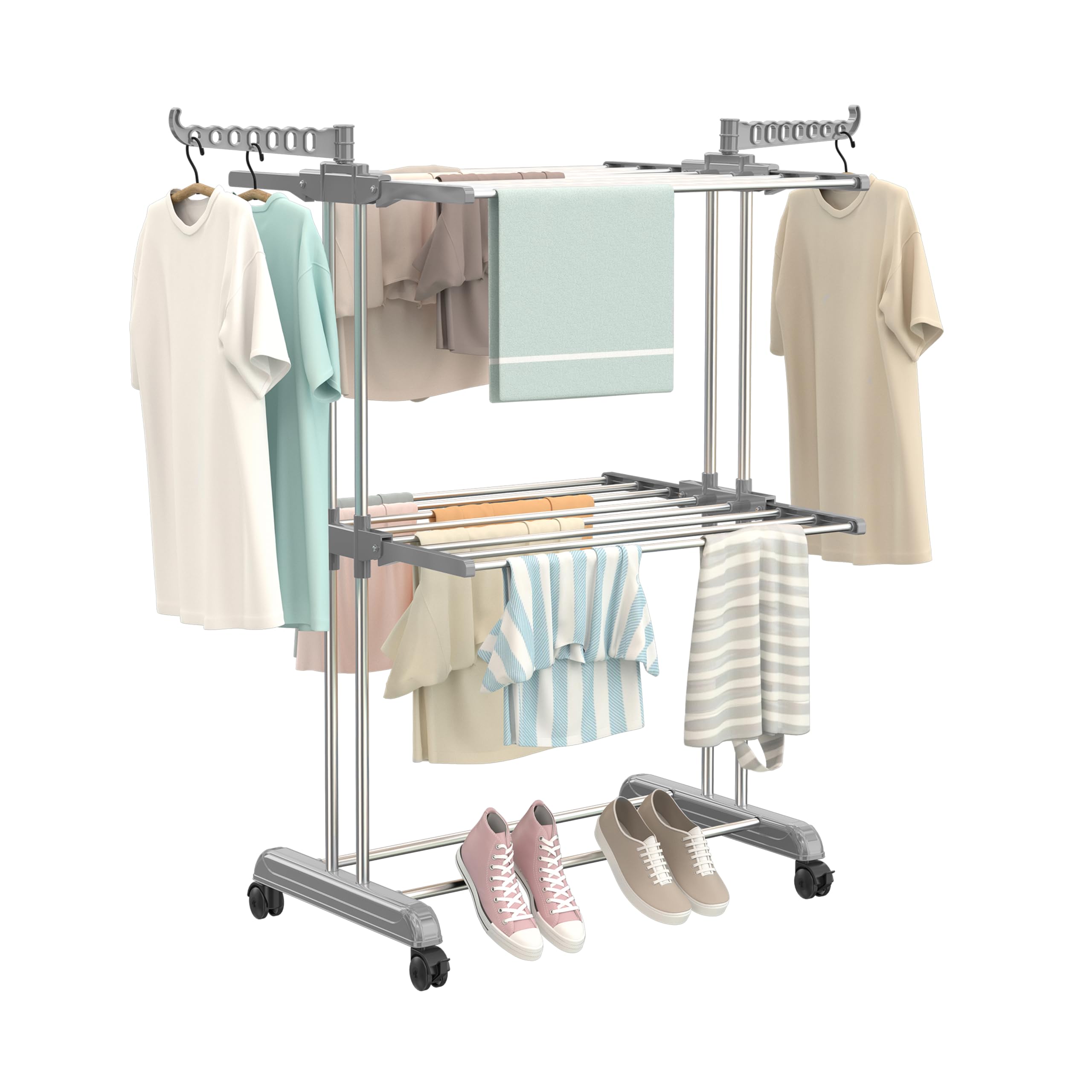 Synergy - Premium Heavy Duty Stainless Steel Clothes Drying Stand | Cloth Dryer Stand | Cloth Stand for Drying Clothes Foldable | Cloth Hanging Stand | Cloth Drying Stand (2-Tier) Grey - SY-CS20-L2