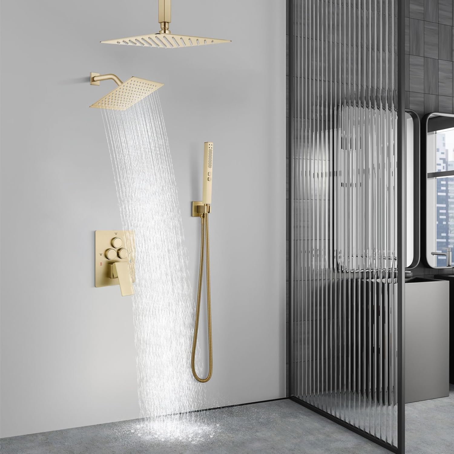 Aolemi Shower Faucet Set Ceiling Mount Shower System Rough-in Valve and Shower Trim Kit 2 in 1 Handheld Spray Push Button Diverter 10 and 6 Inch Dual Shower Head Brushed Gold - Image 9