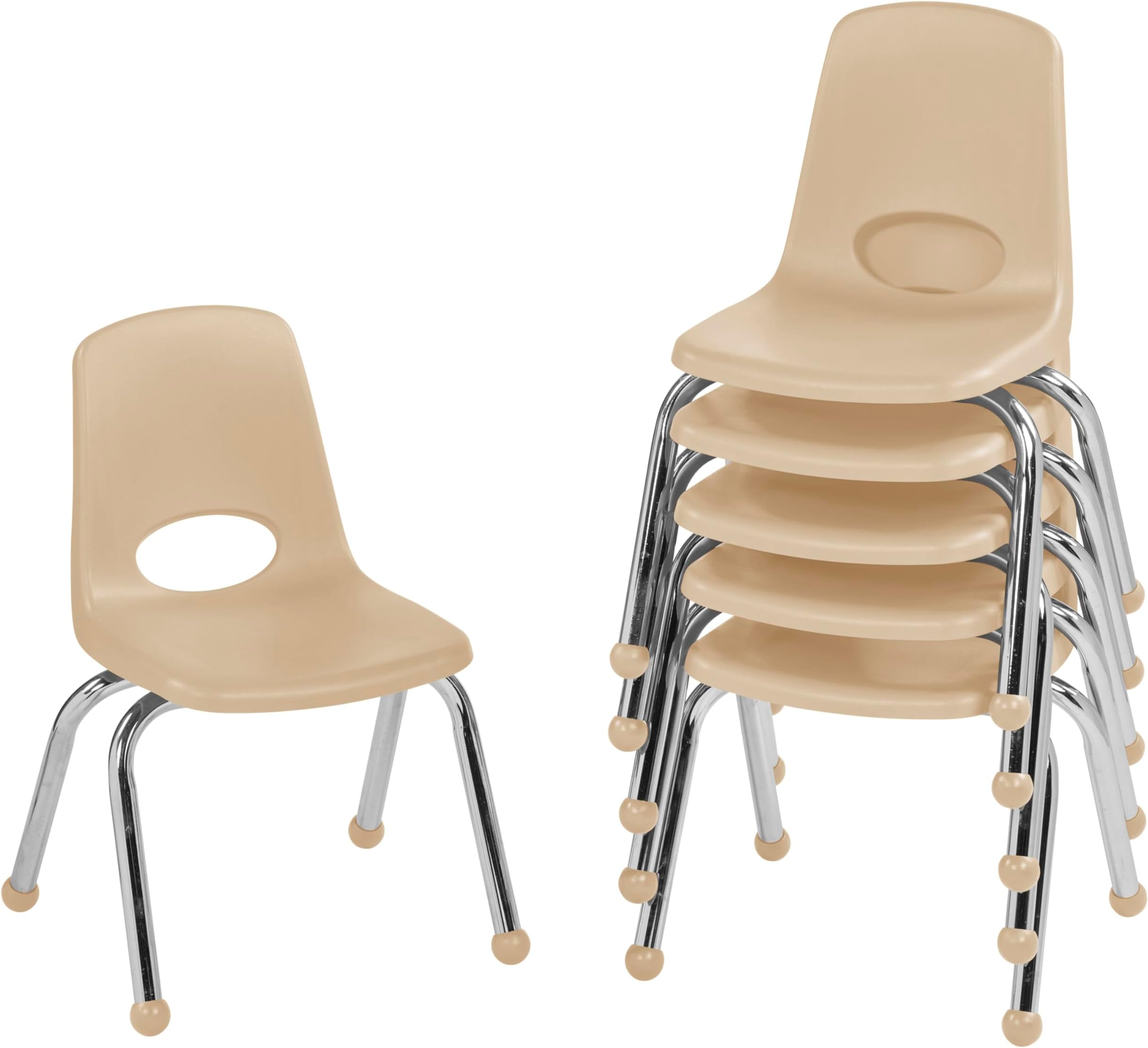 FDP 12" School Stack Chair,Stacking Student Seat with Chromed Steel Legs and Ball Glides For In-Home Learning or Classroom - Sand (6-Pack), 10359-SD