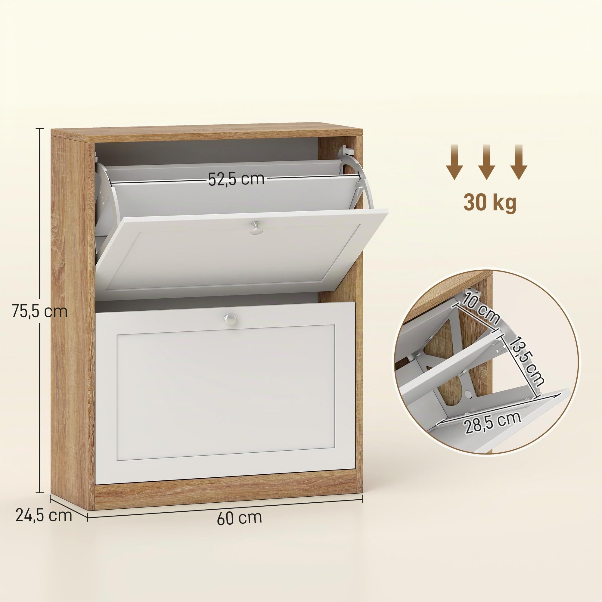 HOMCOM Zapatero Estrecho con 2 Puertas 60x24,5x75,5 cm Natural y Blanco | Zapatero para Entrada Recibidor,Estantes Regulables,Capacidad para 12 Pares de Zapatos,para Pasillo y Espacios Pequeños