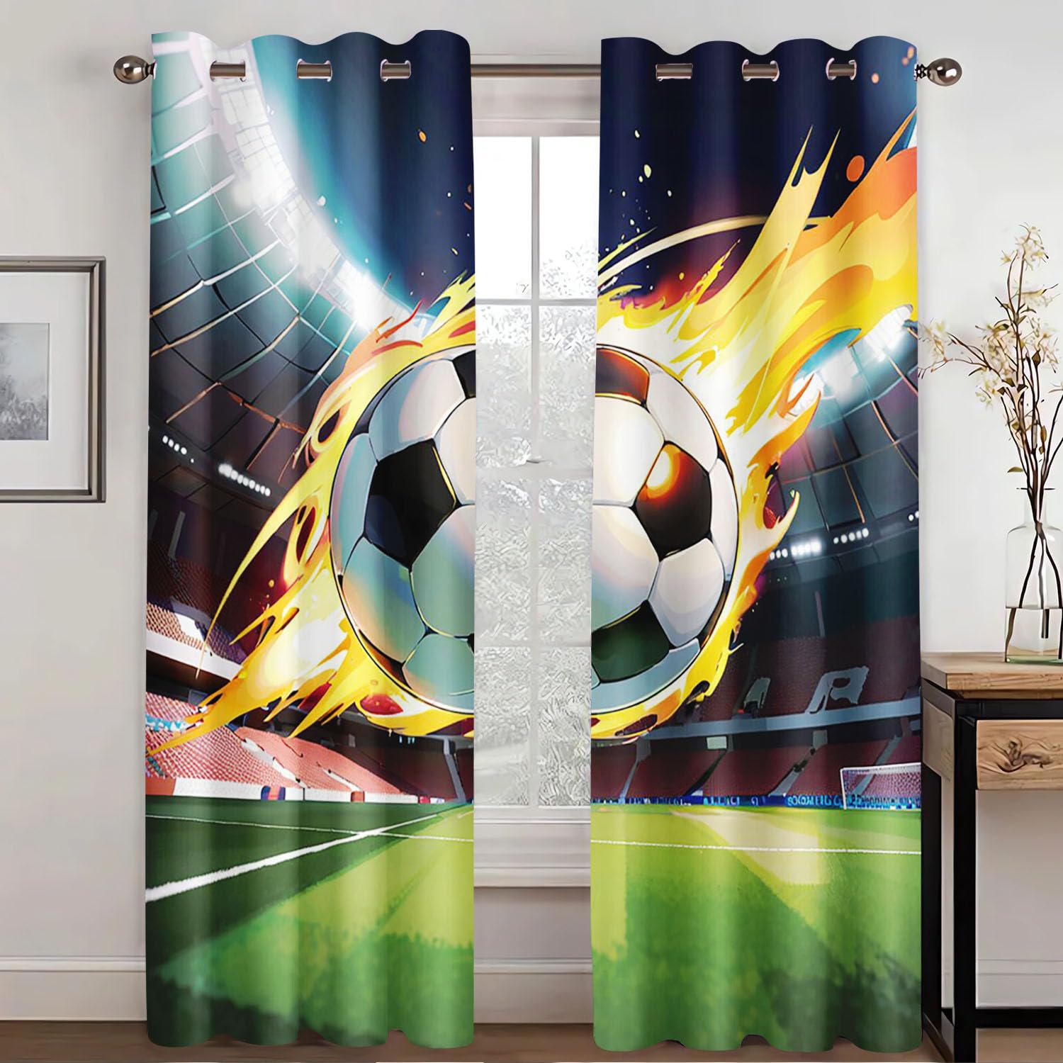 WEQEER Football Sports Field Curtains, Blue 3D Football Pattern Eyelets Curtains, Colourful Football Children's Blackout Curtain, Boys Curtains for Bedroom (7.100 x 140 cm (2 x 50 x 140 cm))