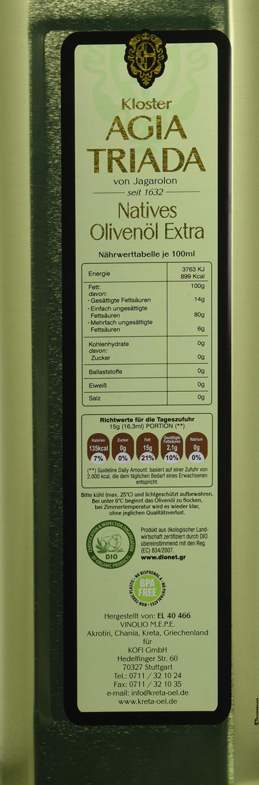 Agia Triada Extra Natives Olivenöl Bio, 5 l | Aus kontrolliert biologischem Anbau - DE-ÖKO-006 - Goldgrüne Farbe & langer Nachgeschmack - Koroneiki-Oliven