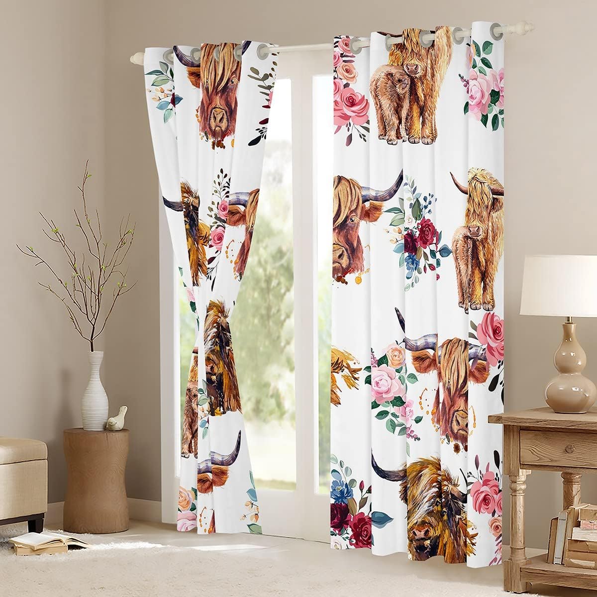 Feelyou Highland Cow Darkening Drapes Girls Cute Highland Cattle Blackout Curtains Pink Floral Western Cow Bull Curtains Bedroom Living Room Window Treatments Funny Farmhouse (2 Panels, 38 x 54 Inch)