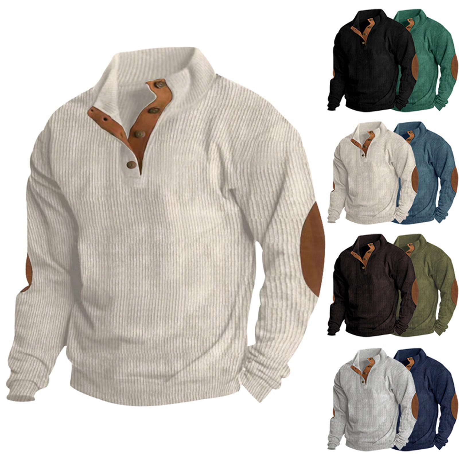 GenericLong Sleeve Shirts for Men Lightweight Quater Button Down Stand Collar Corduroy Shirt Casual Sweatshirt Sweater