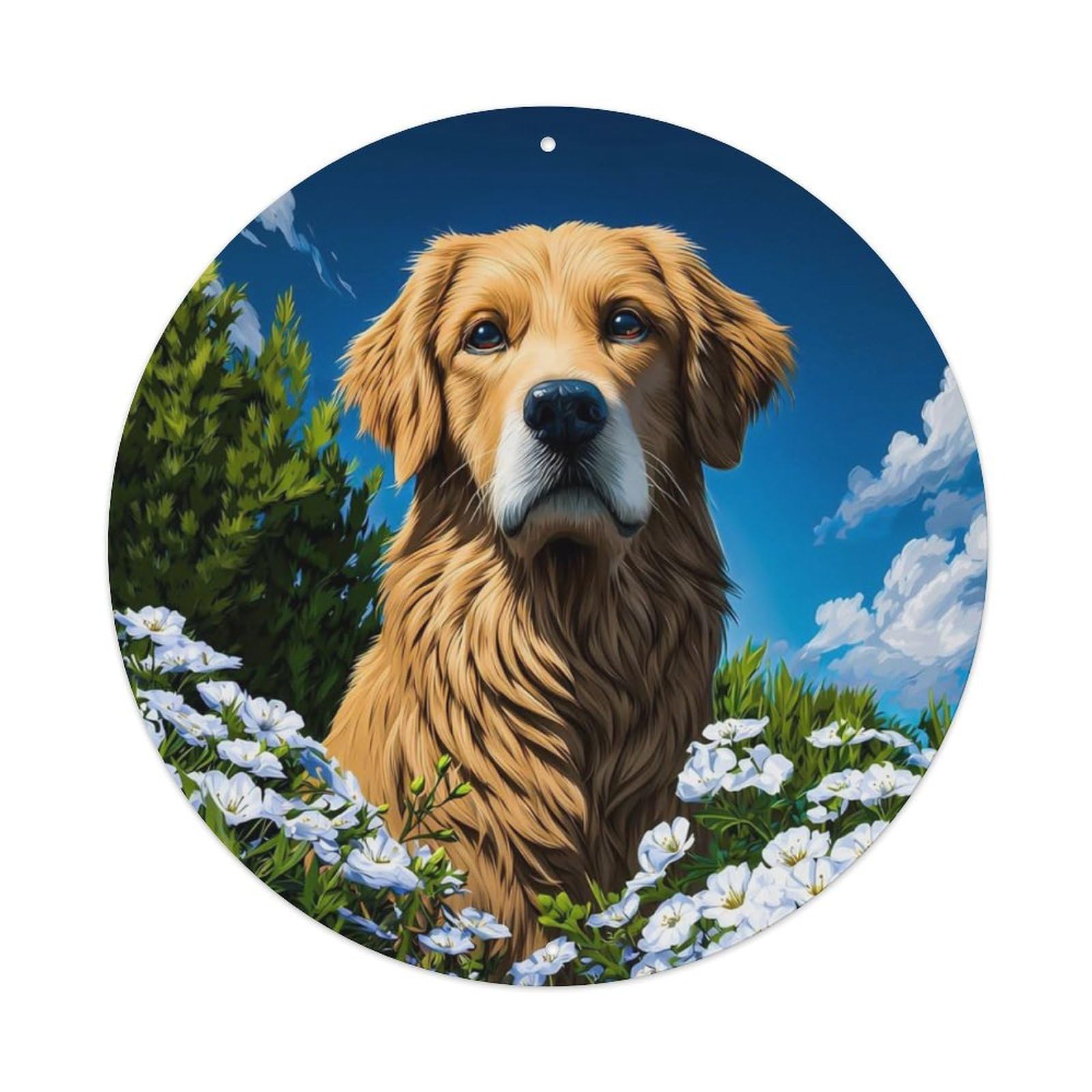 Animal Golden Retriever Dog Sitting in Flax Flower Sunny Landscape Vintage Metal Tin Sign Plaque Wall Decor for Cafe, Club Bar, Office, Garden Metal Poster 8x8Inch