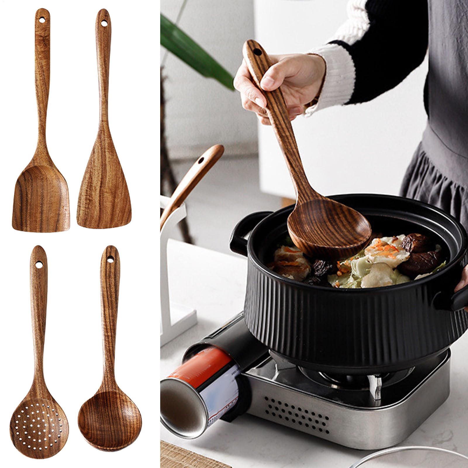 Juego de utensilios de cocina de madera natural - Cucharas de cocina de 4