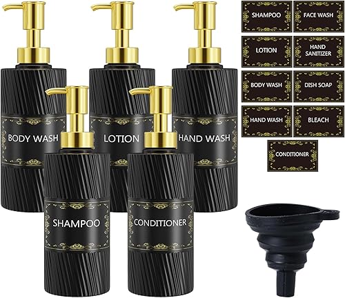 Dispensador de jabón dorado (paquete de 5), botellas dispensadoras de champú de 16.9 onzas con 9 etiquetas impermeables, botellas con bomba para