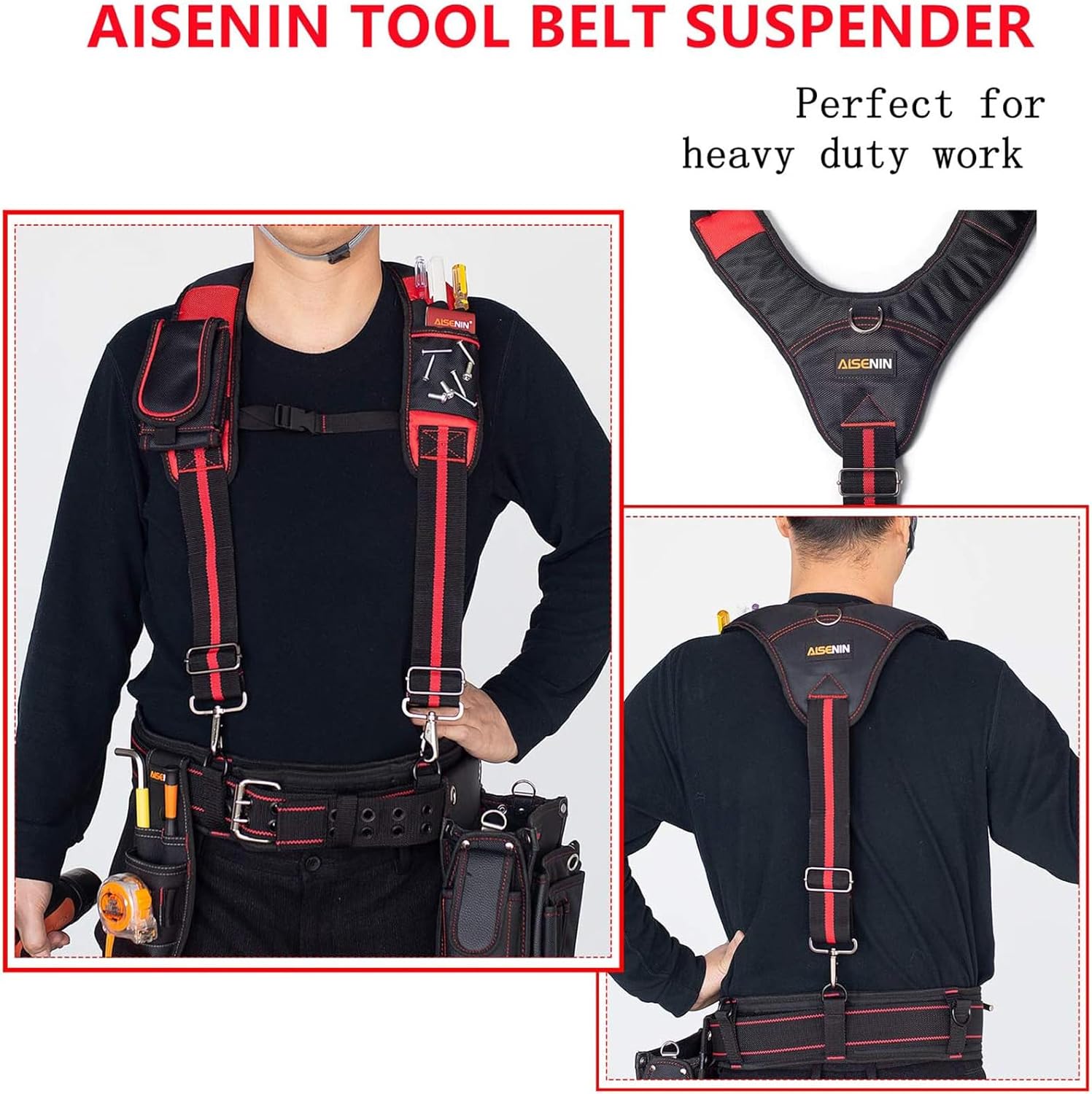 Dr.TOUGH Tool Belt Suspenders for Men Carpenter Tool Belt with Suspenders Padded Tool Belt Suspenders With Magnet Pocket (Red and Black) - Image 5