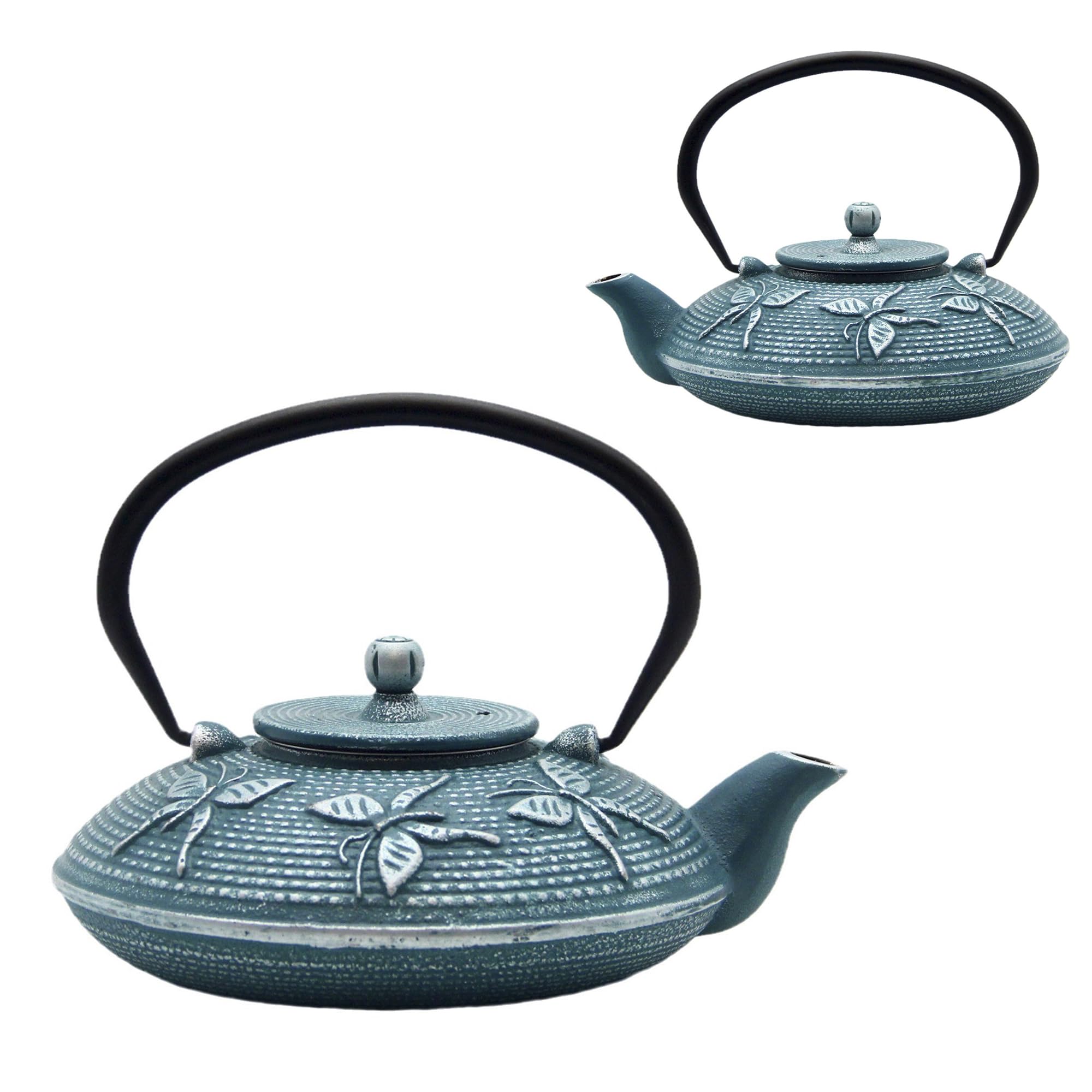 Tetera de hierro fundido, tetera SECHUDO recubierta con interior esmaltado para té suelto, tetera de hierro fundido con infusor de acero inoxidable para estufa segura (27 onzas, patrón 2)
