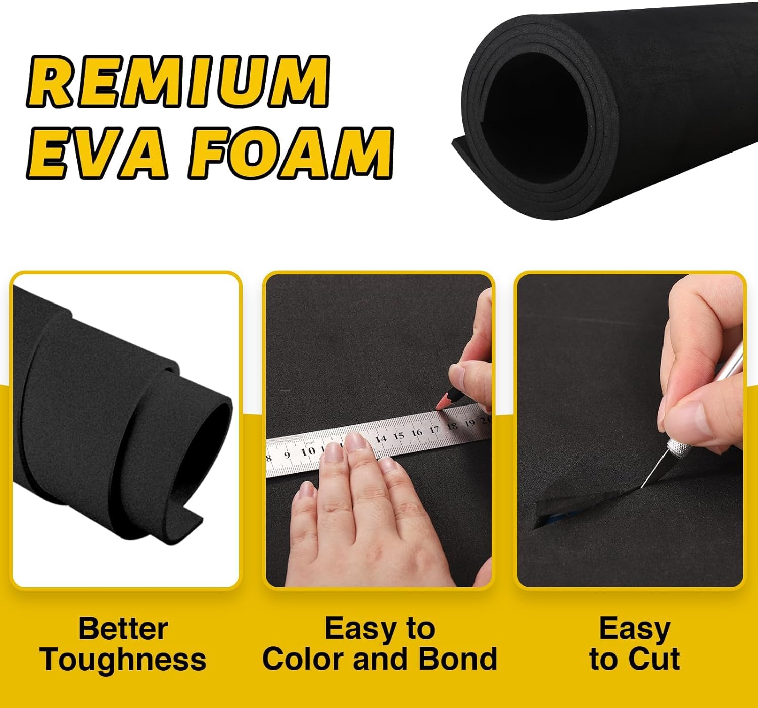 Espuma EVA Negro 15mm, MEARCOOH 150cm*90cm Cosplay Espuma EVA Grande, 1PCS Esponja EVA Densidad 86kg/m3 para Cosplay, Manualidades, Proyectos DIY (Negro 15mm)