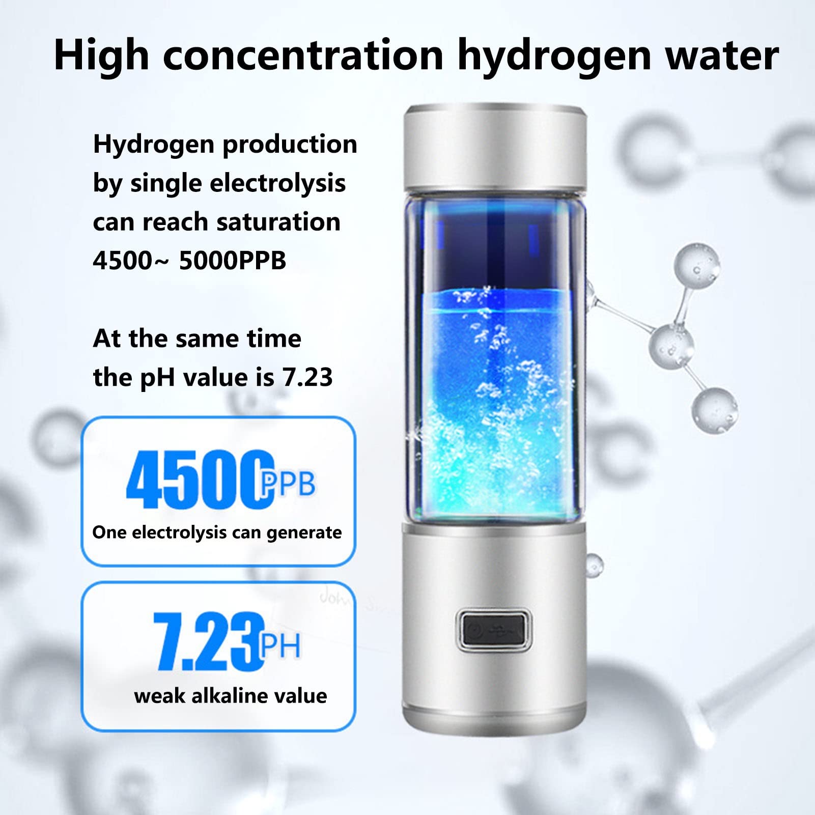 PAHION Przenośna butelka na wodę z wodorem, jonizator 3 minuty, zawartość wodoru na poziomie 4500-5000 PPB, adapter do inhalatora do samochodu, roweru, aktywności na świeżym powietrzu, standardowy