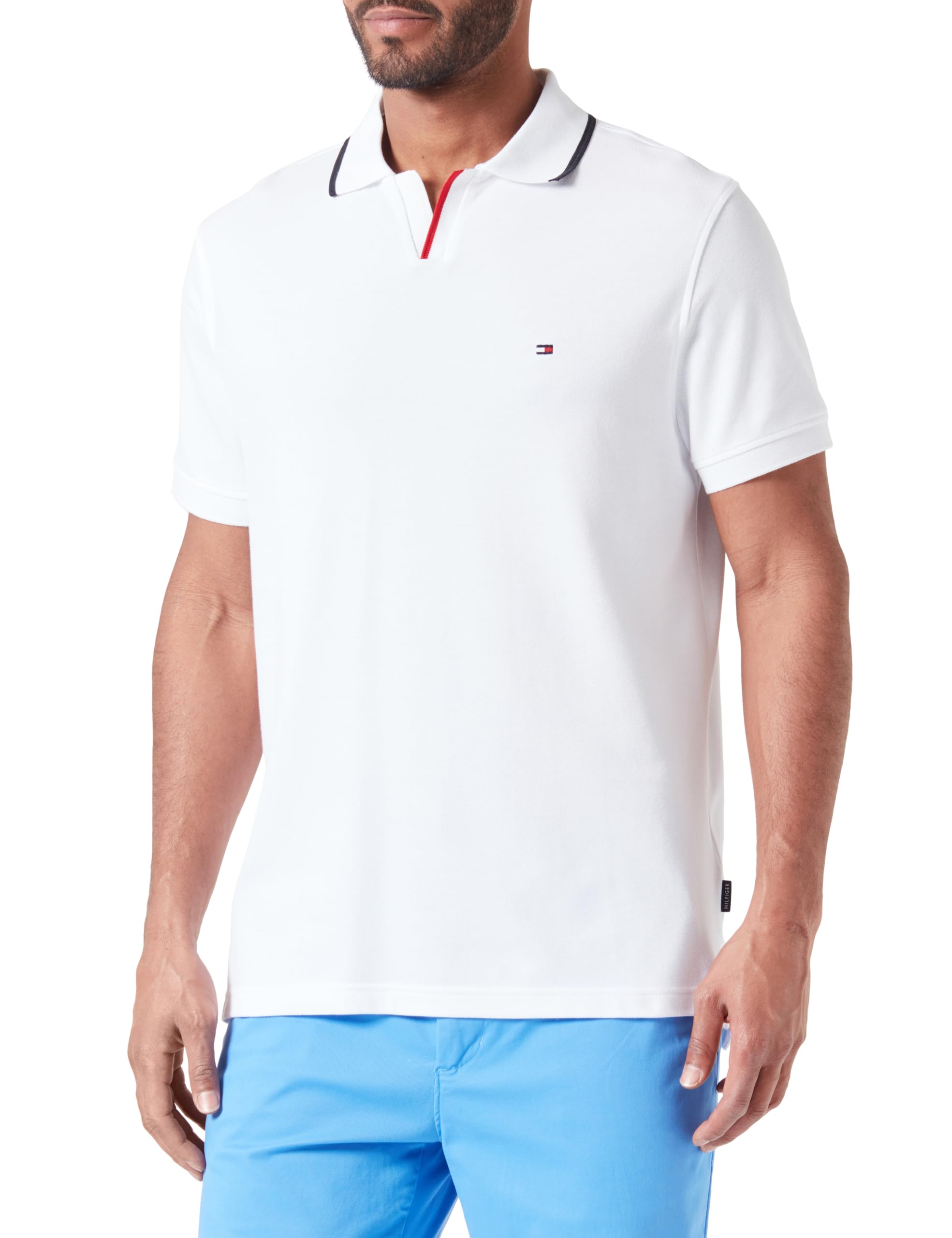 Tommy Hilfiger Men RWB Tipped V Collar Reg Polo S/S Polos, White, S