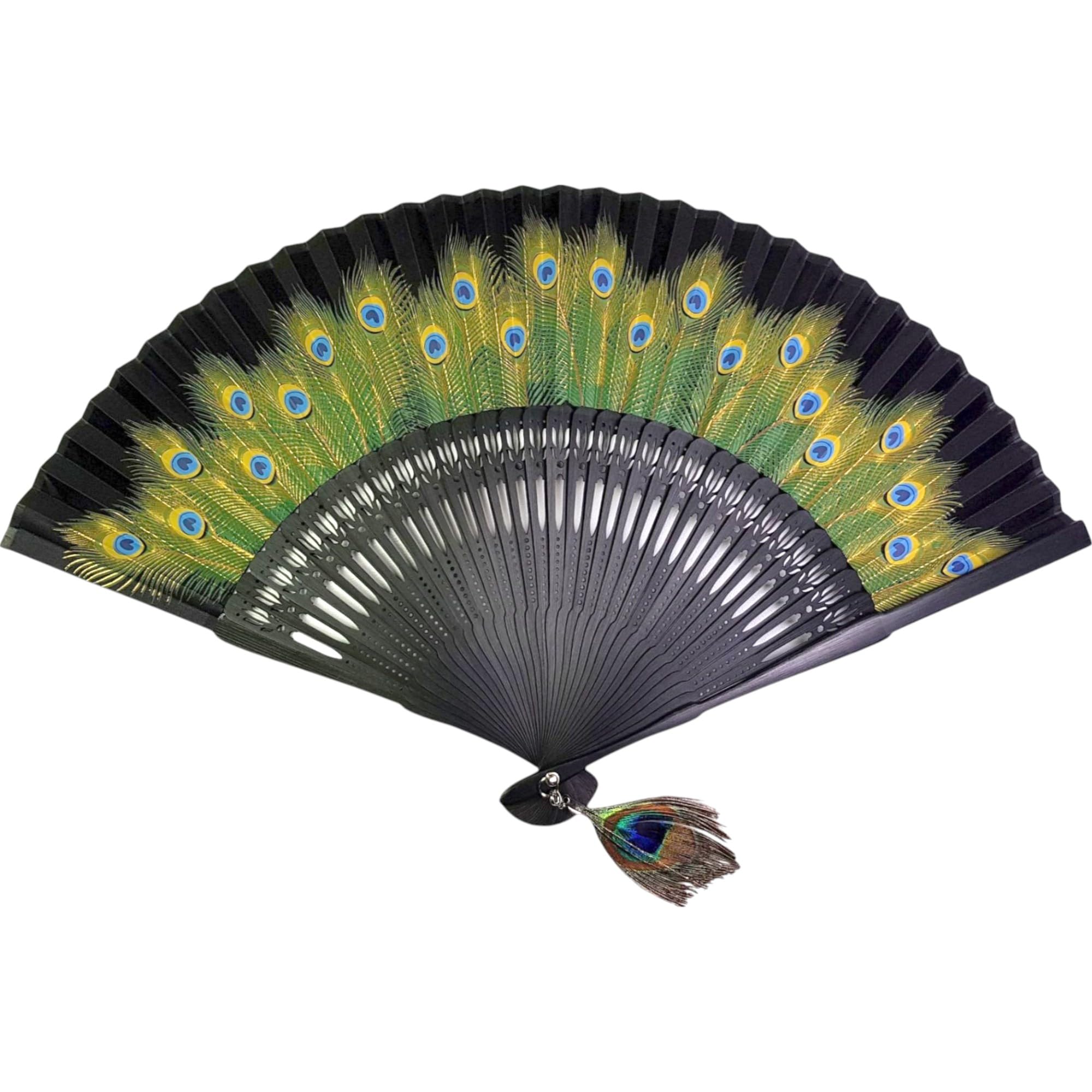 GFM® Bamboo Silk Handheld Folding Japanese Chinese Hand Fan for Summer, Wedding, Party Favour (MR-E) (F187-Peacock-Black)(FLSLK-F187-15-PCK-KL) — image 1