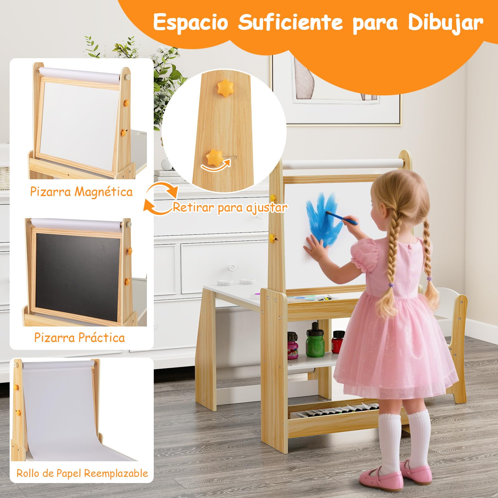 COSTWAY Juego de Mesa y Silla de Arte para Niños, Escritorio con Caballete y Silla, Pizarra Blanca y Pizarra de Tiza, Rollo de Papel, 2 Estantes Abiertos y Estante de 2 Niveles (Natural)
