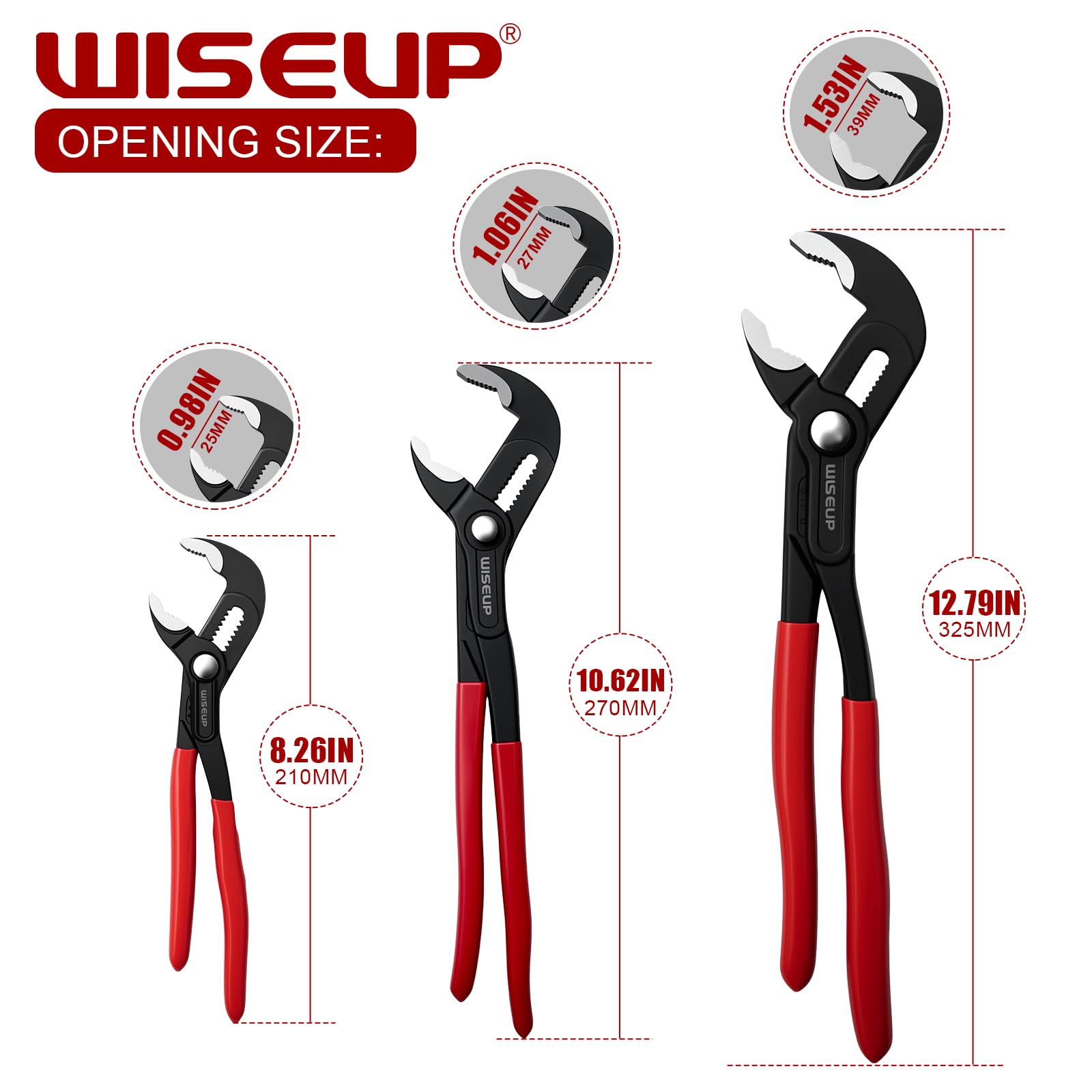 WISEUP Lot de 3 pinces à joint rainuré – Réglable rapidement de 17,8 cm, 25,4 cm et 30,5 cm avec mâchoire lisse – Clé à rainure et languette pour réparation de canaux (7+10+12, 1 Packung)