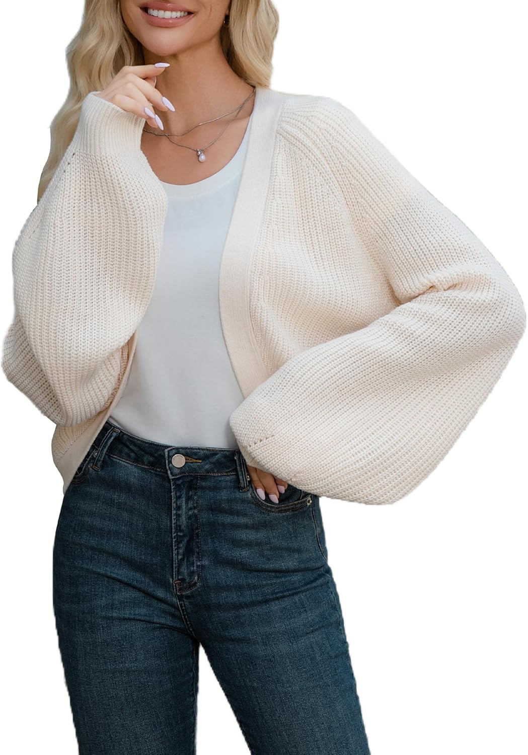 Women's Oversized Open Front Cardigans Cropped Sweaters Long Lantern Sleeve Knitted Bolero Tops