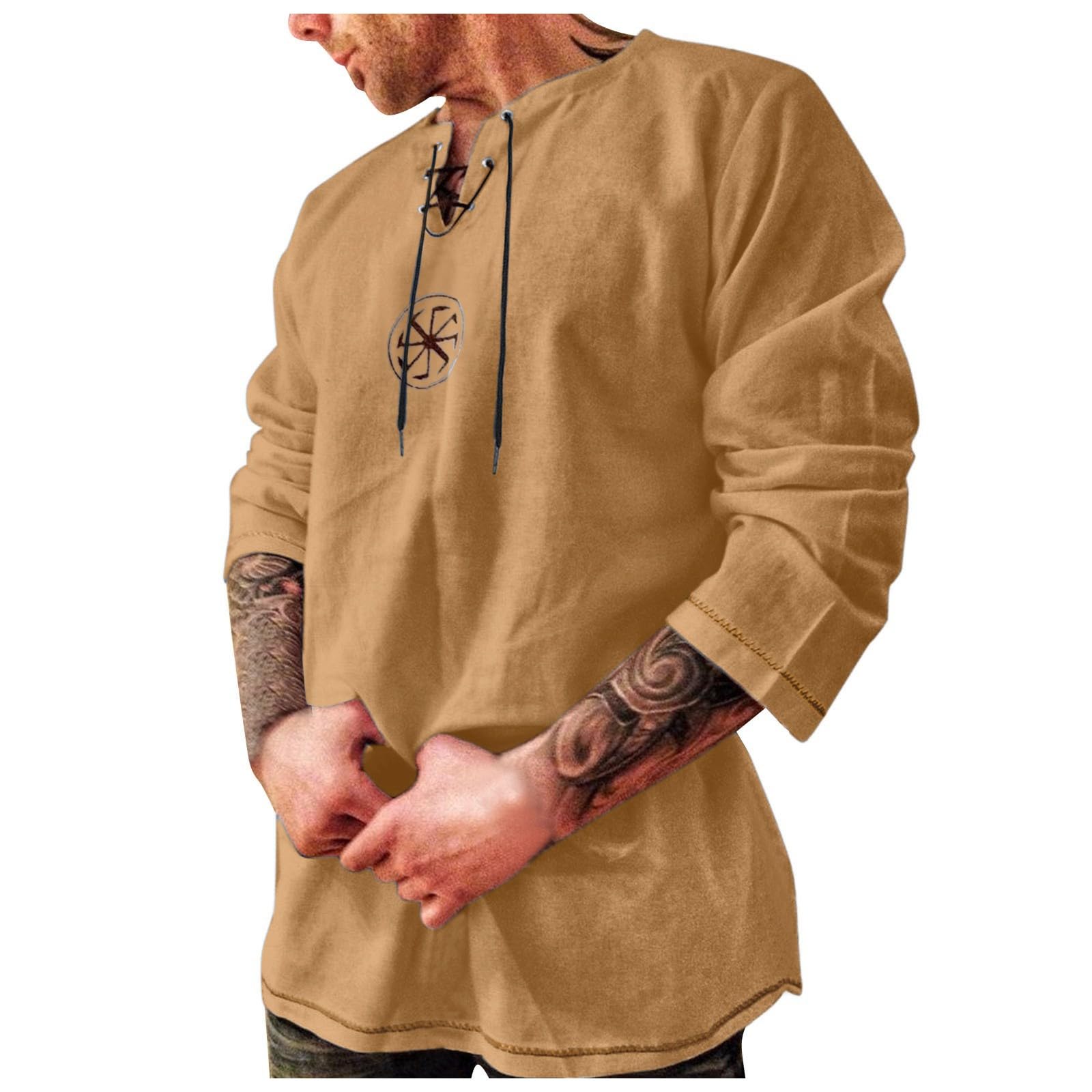 Men Classic Lace Up Cotton Shirt,Classic Long Sleeve Casual Shirt Medieval Costume Red Ditsy Viking 5XL Men's Tops, T-Shirts & Shirts Renaissance Retro Long Sleeve (08 Coffee,L)