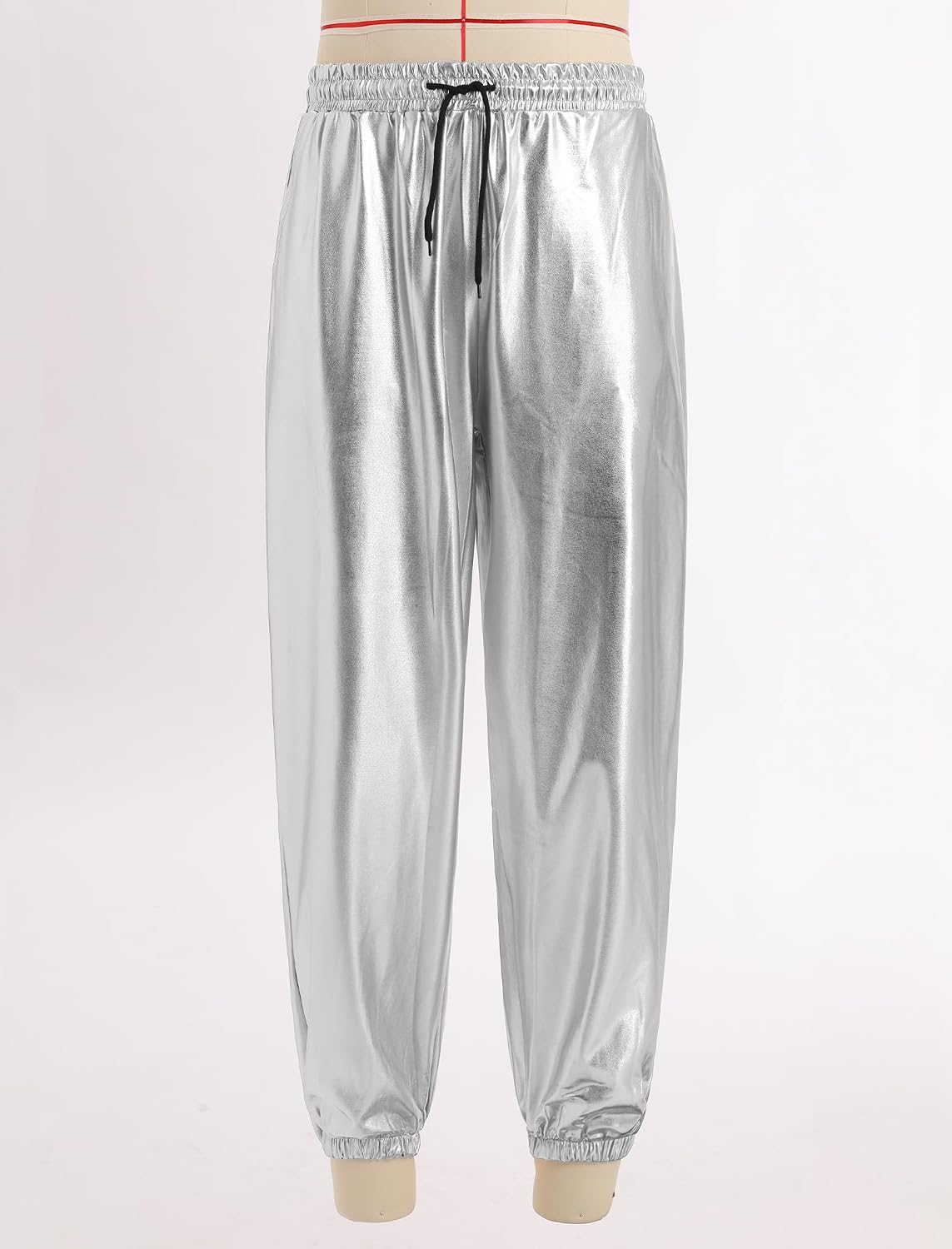 FYMNSI Mens Shiny Metallic Disco Pants Pockets Drawstring Waist Sparkly Rave Outfit Party Dance Nightclub Tapered Trousers