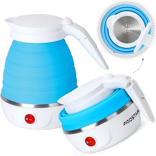 Aigostar Sapphire 30LDC - Hervidor Agua Electrico Pequeño Plegable de Viaje 600 ml, Calentador de Agua Portatil, Mango de Tacto Frío, Apagado Automático & Calefacción Automática, Libre de BPA, 1000 W