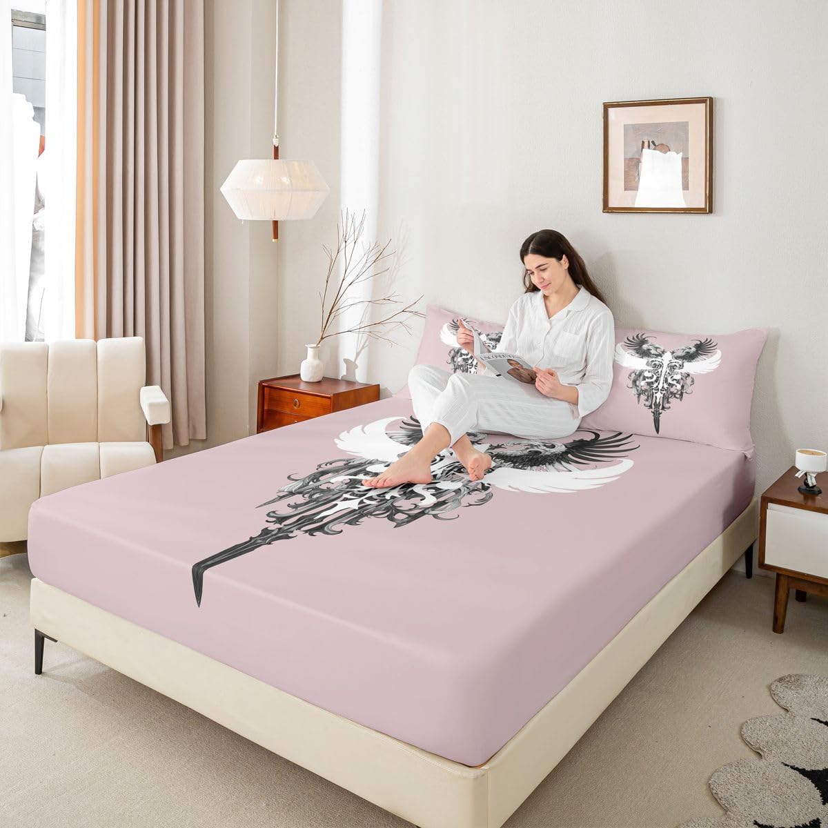 Erosebridal Y2K Anime Wing Bed Sheets Full Gothic Cross Theme Fitted Sheet Patriotic Style Wings Bedding Set for Kids Boys Girls,Goth Victorian Vintage Bed Cover 3 Pcs