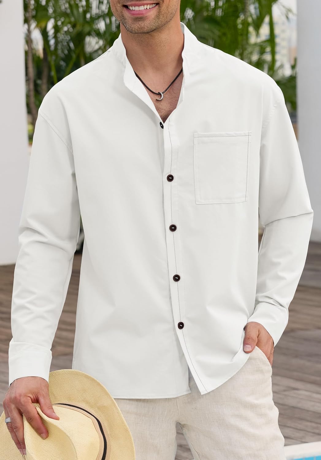 Mens Band Collar Shirts Vacation Casual Long Sleeve Button Down Tops with Pocket (S-2XL) - Image 2