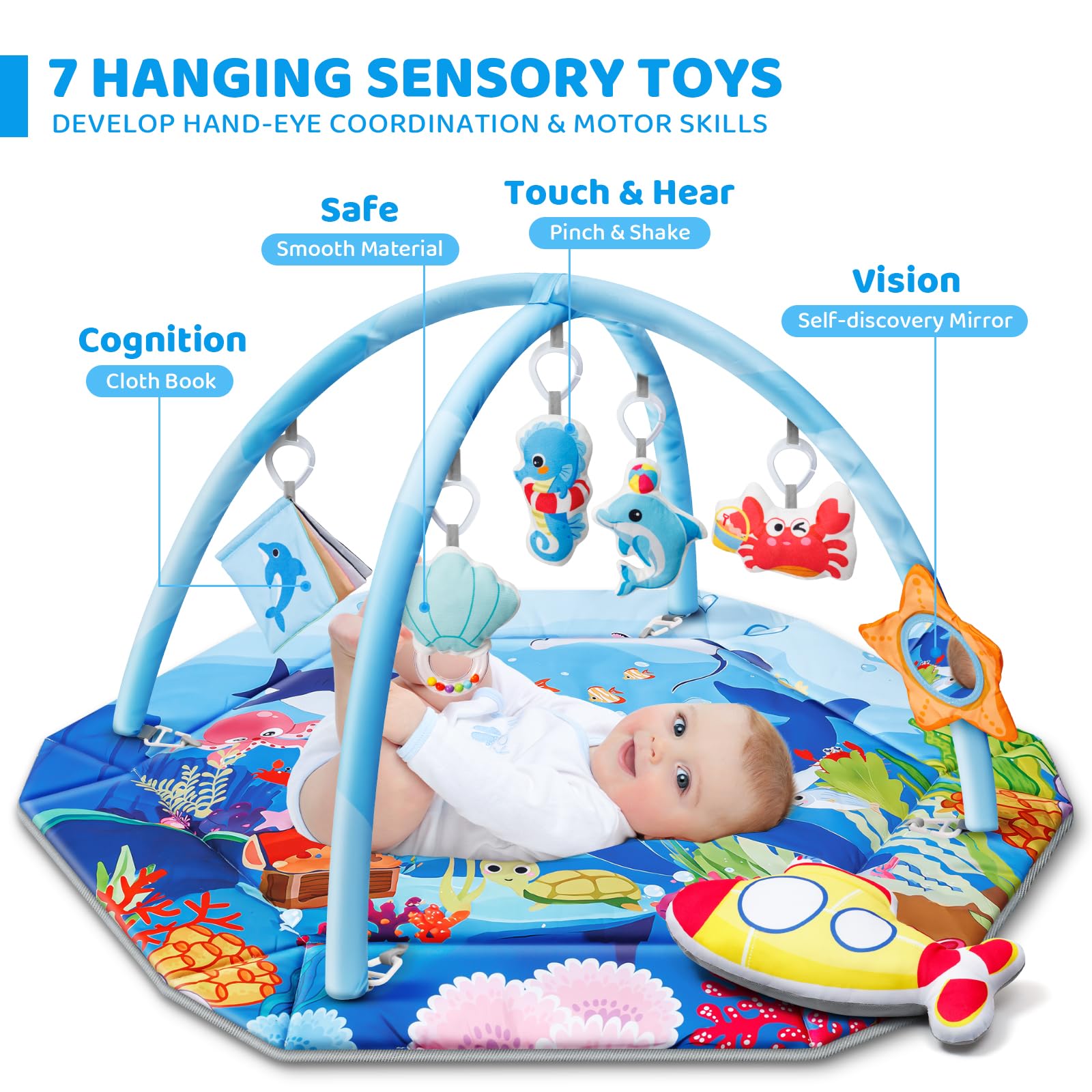 Tapete de juego para gimnasio para bebé, 8 en 1, tapete para el tiempo boca abajo y hoyo de bolas, tapete de juego lavable para actividades visuales, auditivas, sensoriales, desarrollo motor, juguetes 2