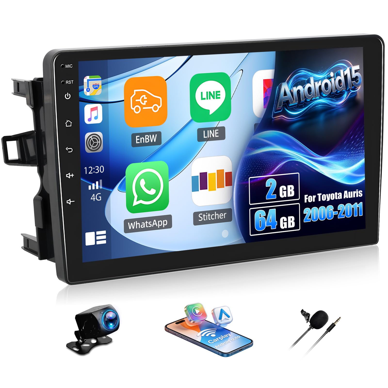 Android 15, 2G+64G GOHHDL Autoradio 2 DIN para Toyota Auris 2006-2011 Carplay Android Auto, Pantalla Táctil de 10-Pulgadas, Radio para Coche con GPS WiFi EQ Bluetooth FM/RDS SWC +Cámara + Mic