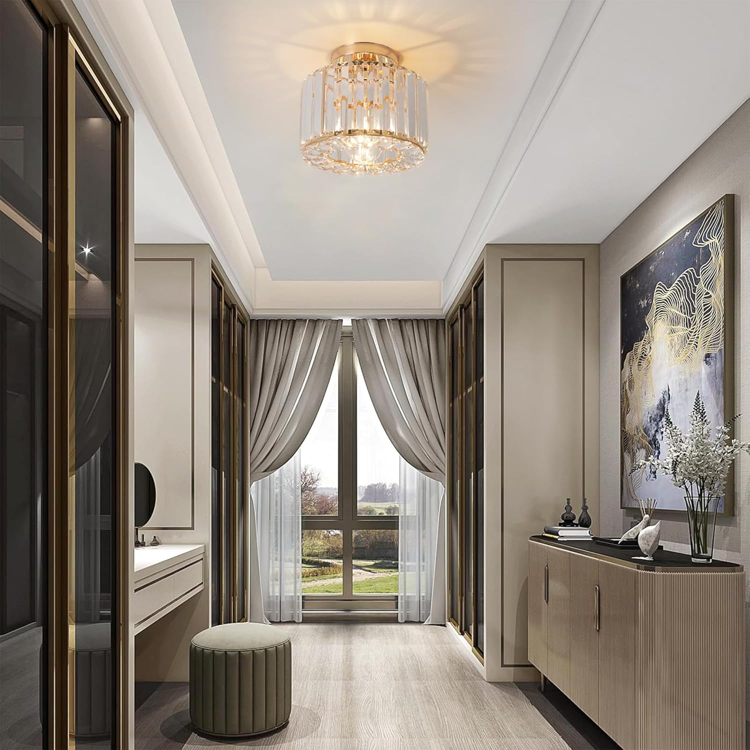 Gold Ceiling Lamp, Semi Flush Mount, Small Crystal, Entryway Chandelier for Dining Room, Bedroom, Kitchen