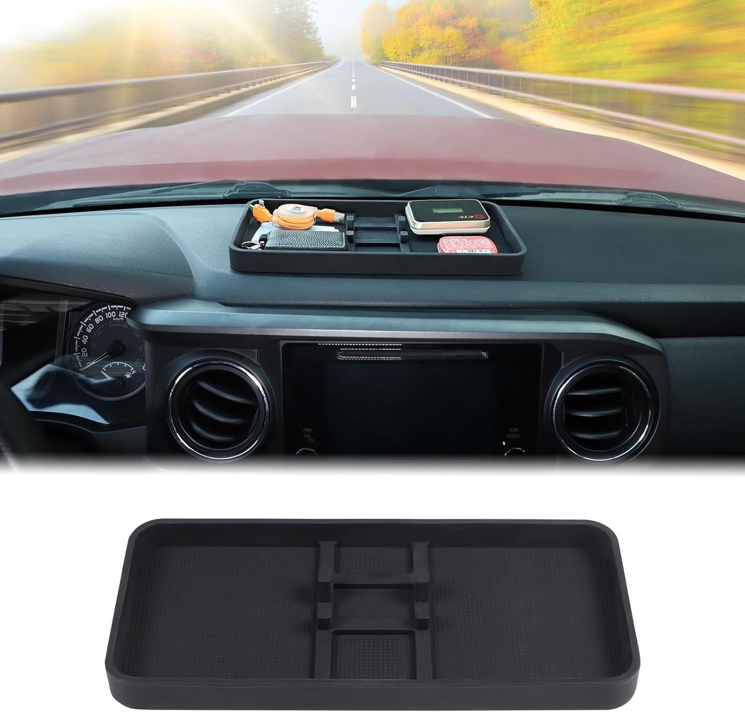 Aunginsy Car Center Console Dash Organizer Compatible with Toyota Tacoma 2016-2022 2024 2025 2026, Dashboard Table Tray Storage Box Dash Phone Holder Container Box Anti-Slid Silicone Pad Accessories