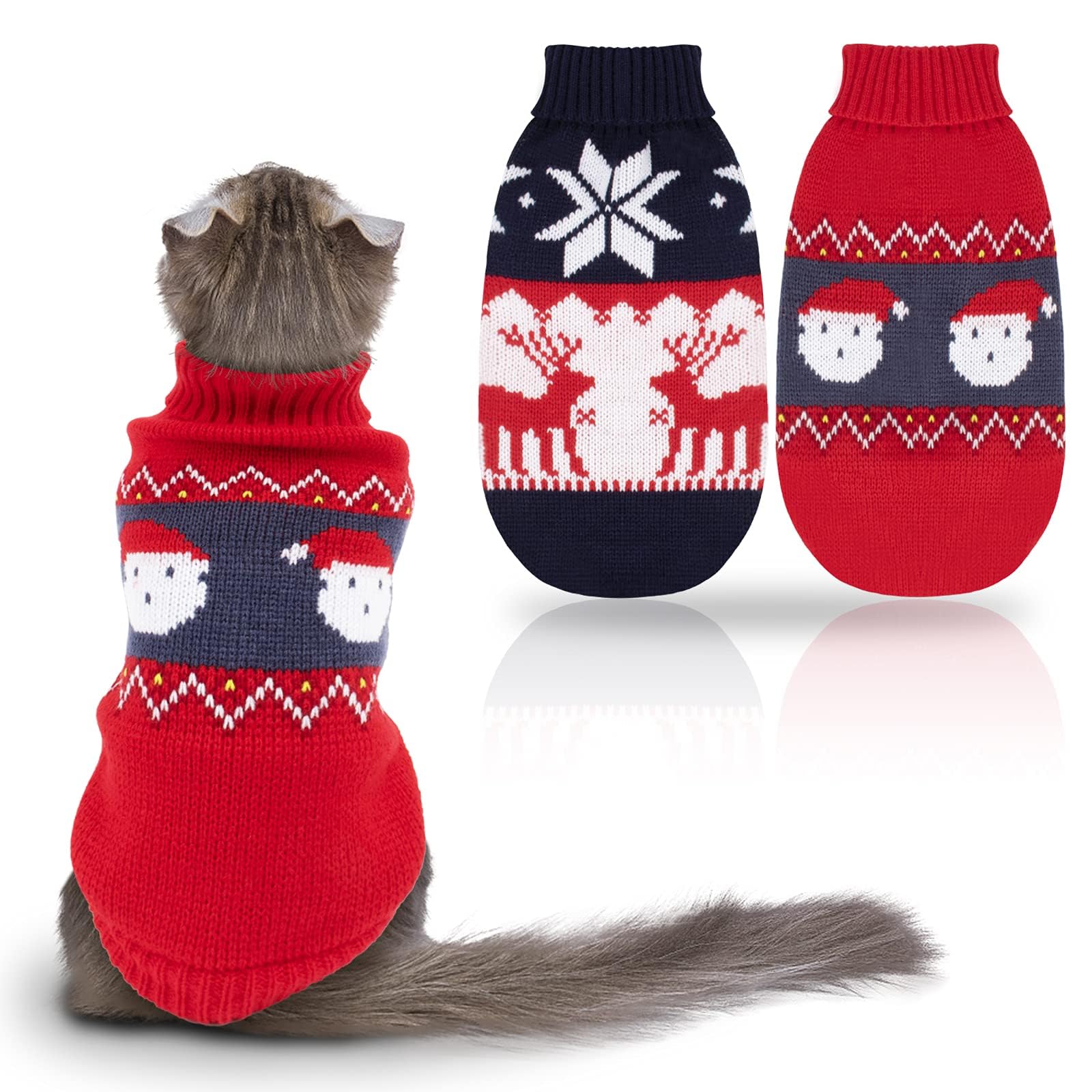 RANYPET 2 Packs Cat Christmas Jumpers, Christmas Puppy Knit Pullover Jumper Pet Turtleneck Knitwear with Reindeer Santa Claus Pattern Sweaters for Kitten and Small Dogs XS โ image 1