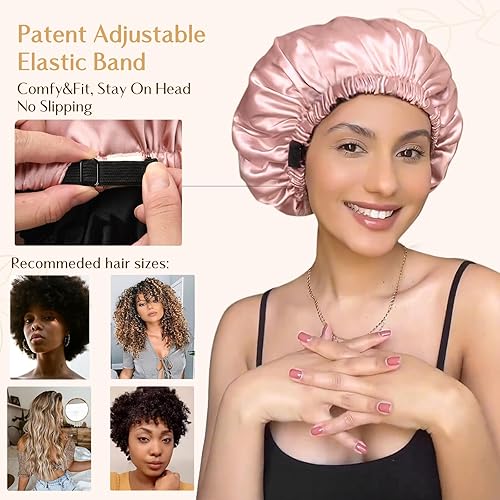 Miniatura 5 de YANIBEST Adjustable Satin Bonnet Double Layer Hair Bonnet for Sleeping Bonnets for Women Hats Curly Natural Hair, Purple Púrpura