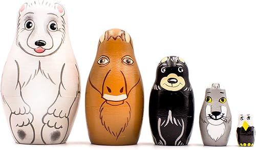 Juego de 5 muñecas de anidación de animales de América del Norte, animales apilables de madera, muñecas Matryoshka, figuras de animales polares,
