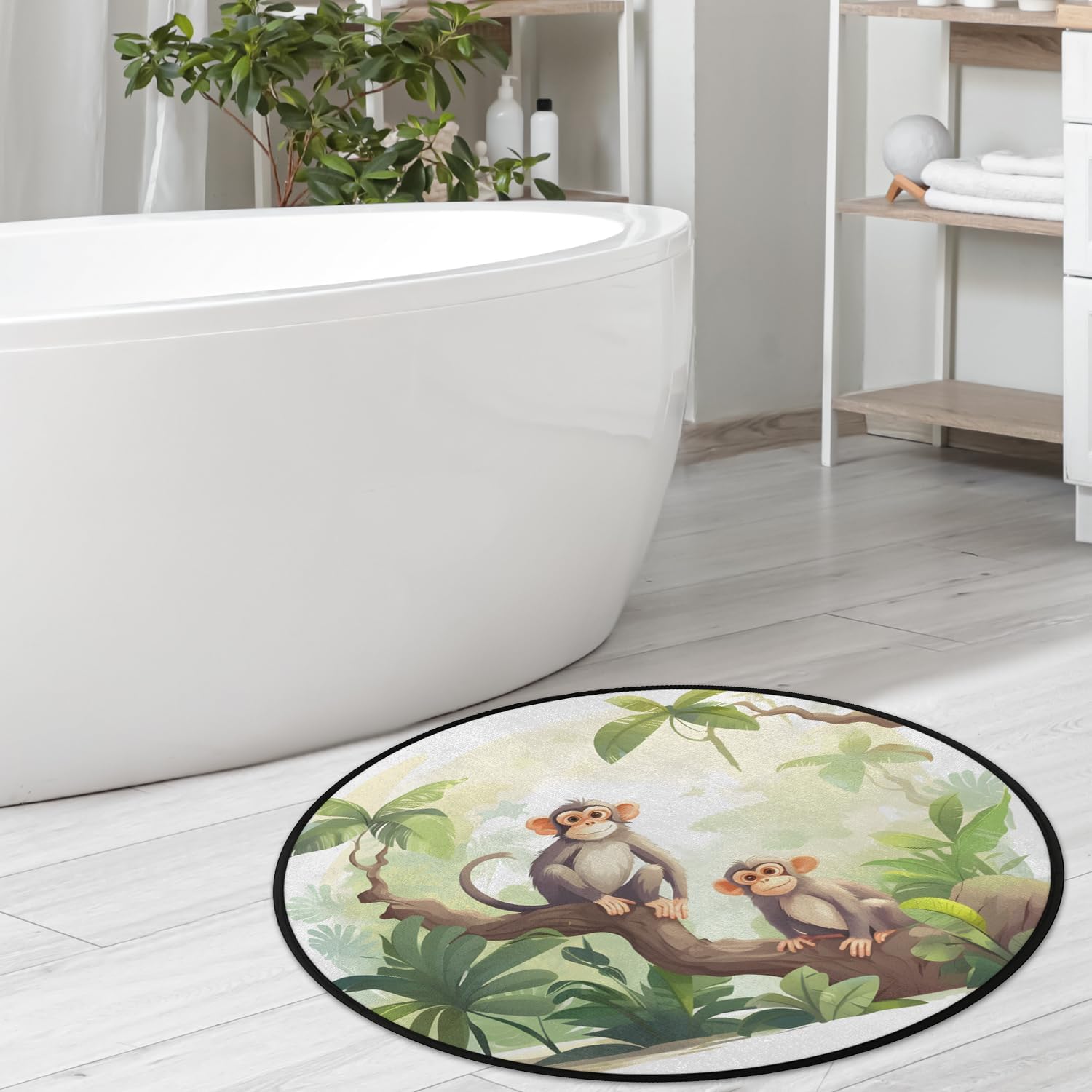 Monkey Animal Round Area Rug Bedroom 3 Ft, Cute Monkey Circle Floor Mat Non-Slip Washable Accent Throw Rugs Carpet for Living Room Kids Room Nursery Entryway Laundry