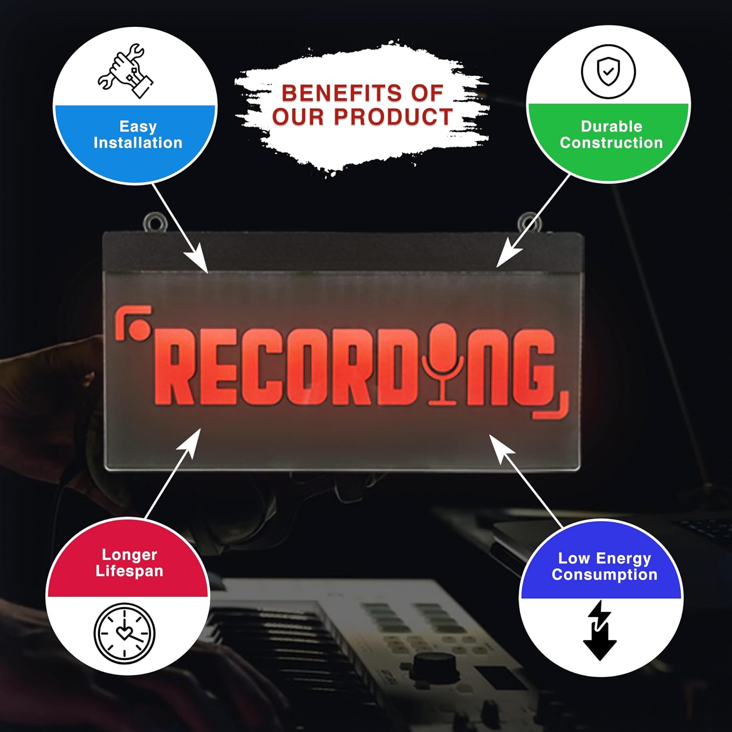 LED Acrylic Wall Recording Sign, Forest & Twelfth Recording Studio Lighted Sign for Professional Studio Setup, Podcast, Radio & More, USB Powered (Recording)