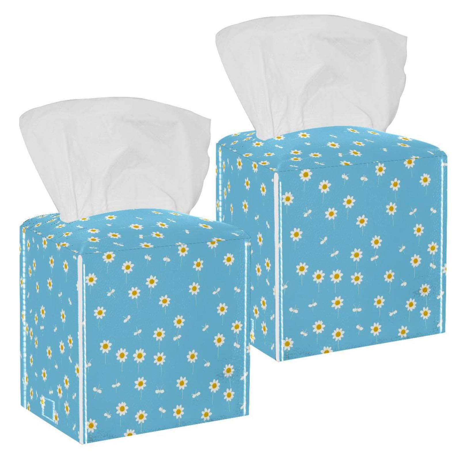 Daisy Tissue Box Cover, 2 Pack PU Leather Square Facial Tissue Dispenser Box holder for Home Office Car