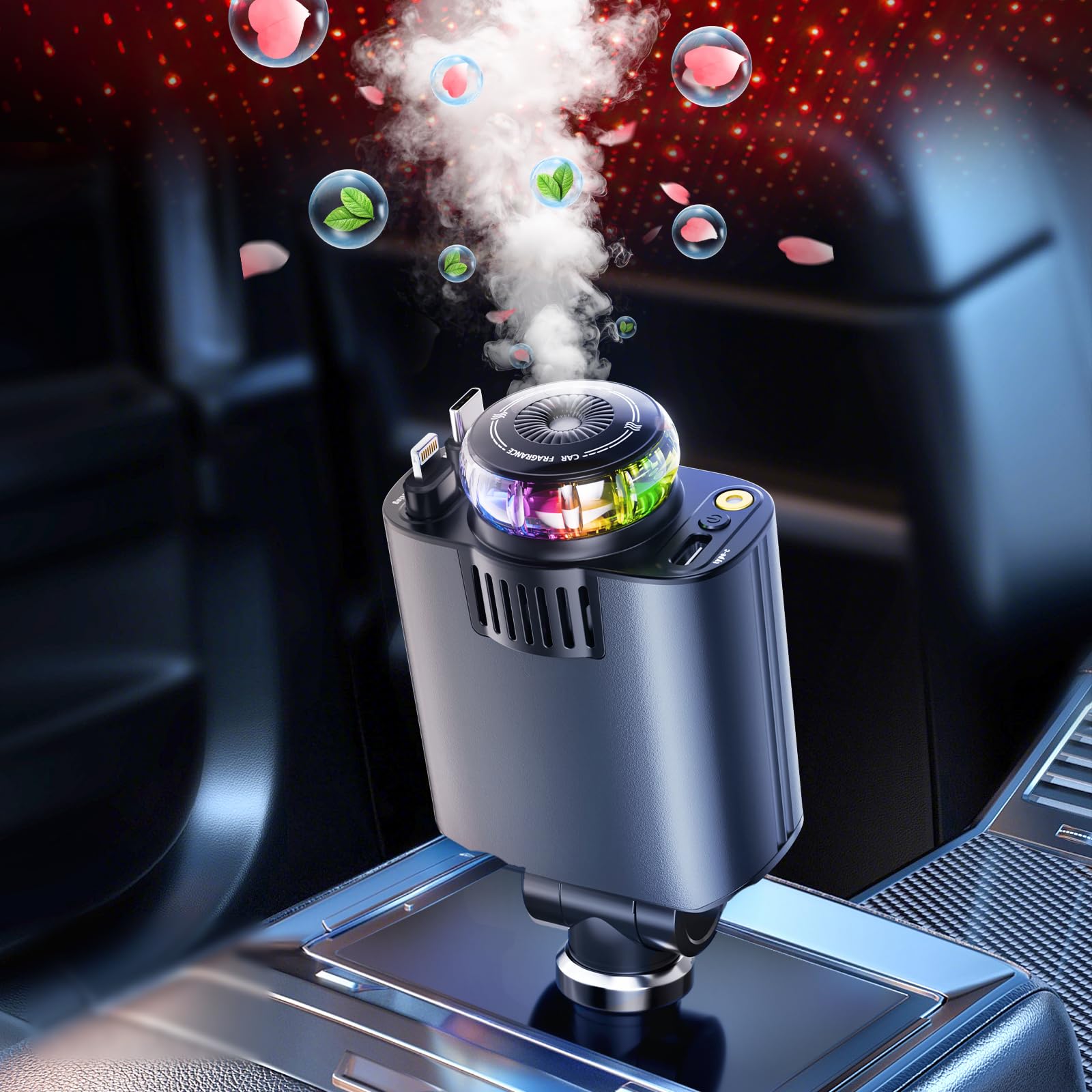 car oil diffuser cigarette lighter Starlight Retractable Charger with Car Aromatherapy Essential Diffuser, Starlight in Car Roof 5 in 1 Fast, 2 Retractable Cables and USB C Car Charger Adapter,Compatible with iPhone 17 12 Avoid direct contact with saturated refill pads to prevent possible skin irritation In-Car Essential Oil Diffuser 2.0