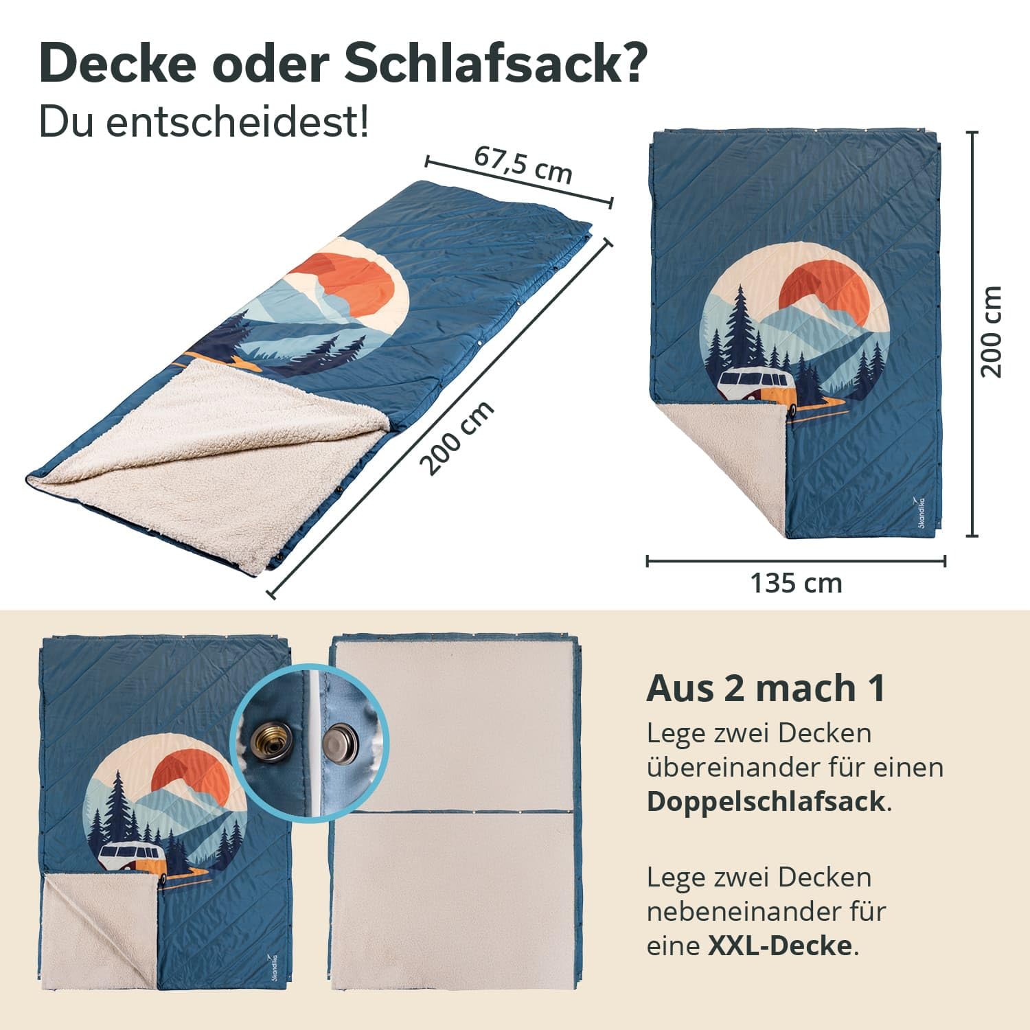 Skandika Couverture de Camping Liva | Couverture Outdoor 4 en 1, 200 x 135 cm, Plaid, Sac de Couchage, Oreiller, Dessous Fourrure synthétique ou Nylon, imperméable (Bus | Fourrure Teddy)