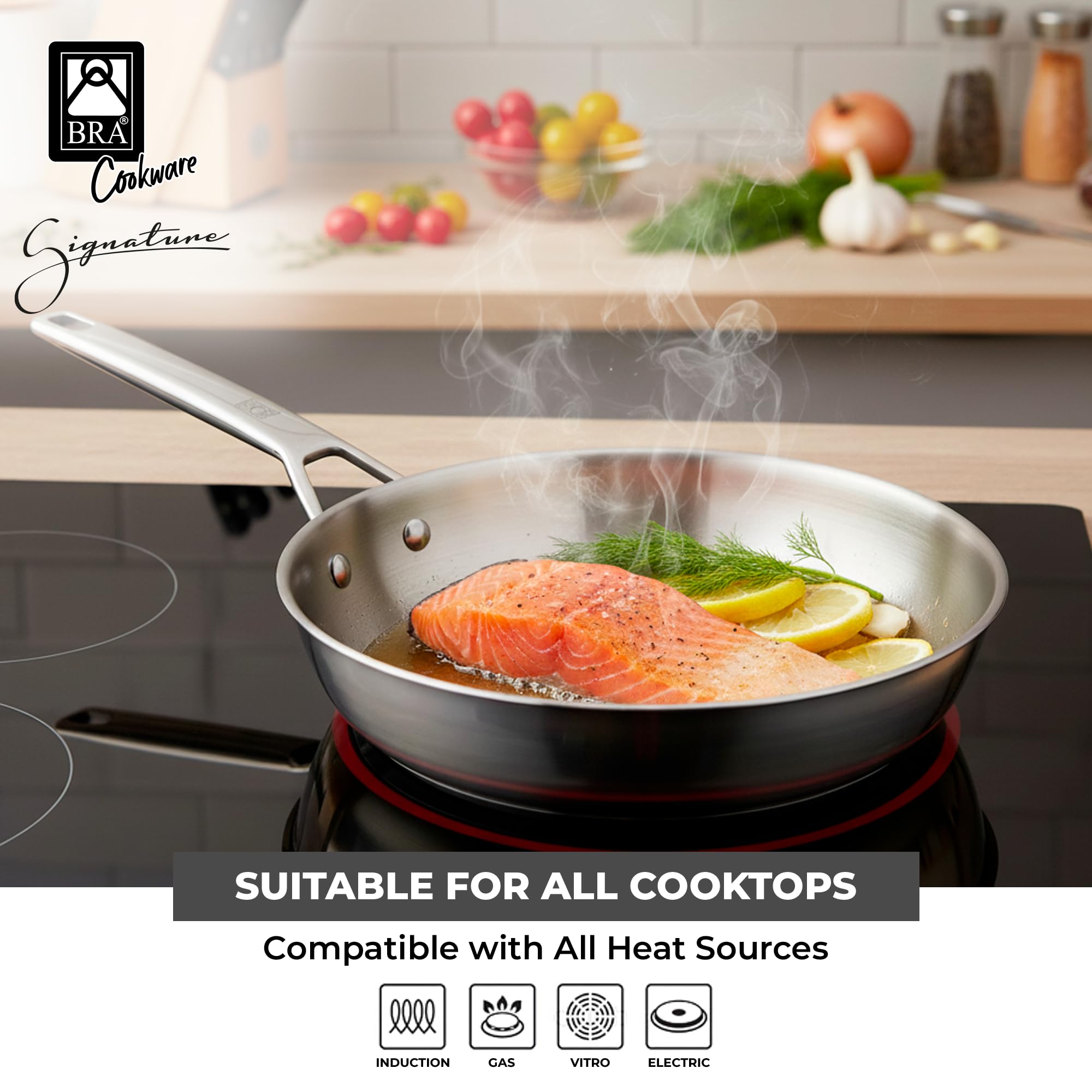 BRA Signature | Sartén honda 28 cm, Acero Inoxidable 18/10, Sin Antiadherente, Triple Fondo Difusor, Apto para todo tipo de Cocinas e Inducción
