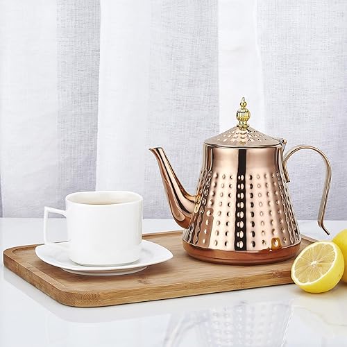 Miniatura 4 de SANQIAHOME 1.2L (40oz) martillo de acero inoxidable modelado tetera con infusor extraíble, cubierta de hoja suelta, cobre