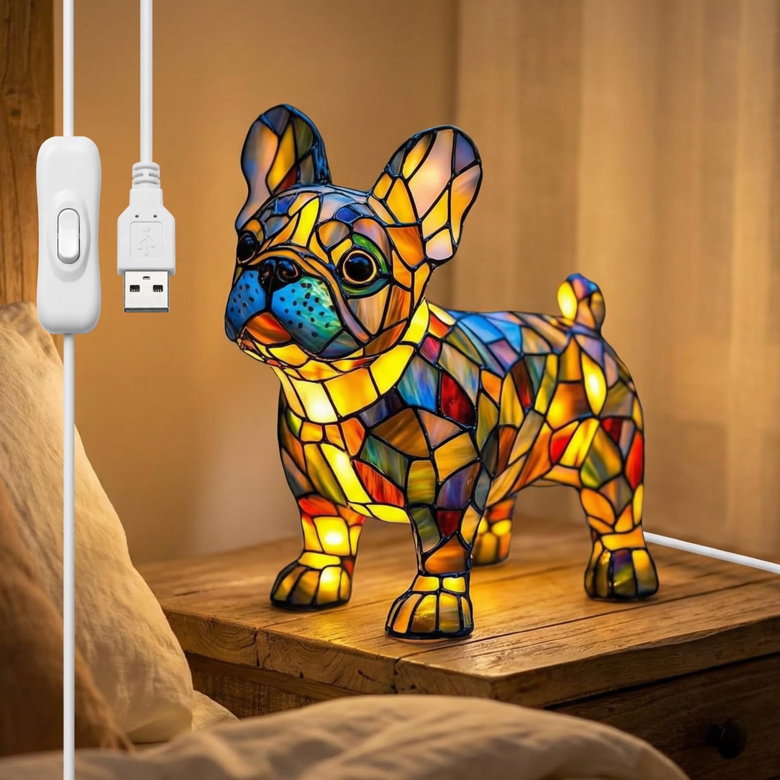 CECOMBINE Stained Animal Lamp, French Bulldog Lamp, Stained Glass Dog Lamps, Resin Tabletop Night Light, Retro Style, Home Warm Atmosphere, Cute Pet Themed Table Lamps Unique Home Decor Gifts