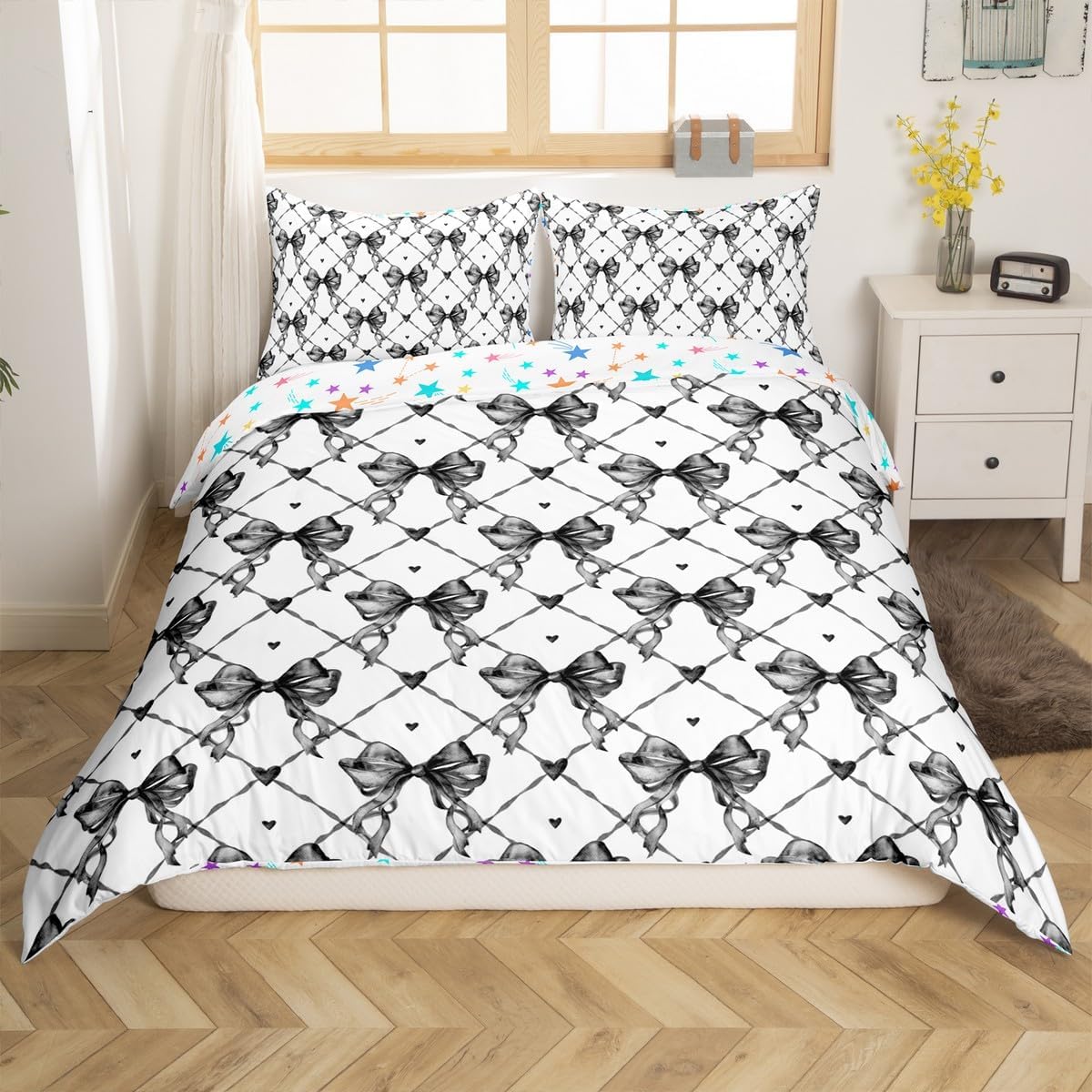 Feelyou Bow Bedding Set Full Size Girls Bow Bedding Duvet Cover Set for Boys Teens Decor Cute Bowknot Comforter Cover Set Kawaii Black Bedspread Cover Bedroom Quilt Cover 3Pcs