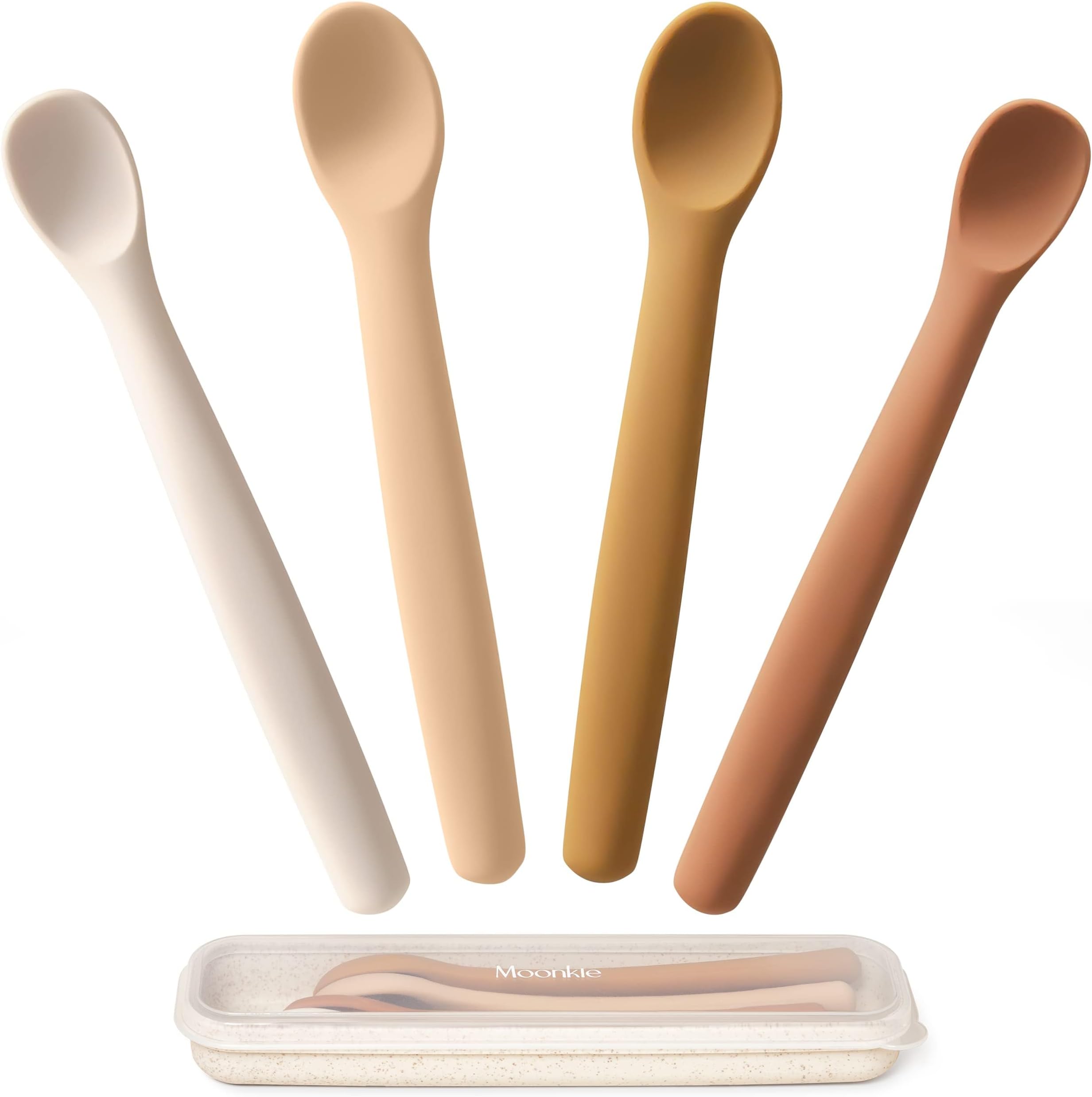 Moonkie Silicone Baby Spoons Set of 4, Soft-Tip Spoons for First Stage Infant Feeding, Bendable, Chewproof Baby Training Spoon Baby Utensils, Ideal for Self-Feeding and Baby Led Weaning (SP-02)